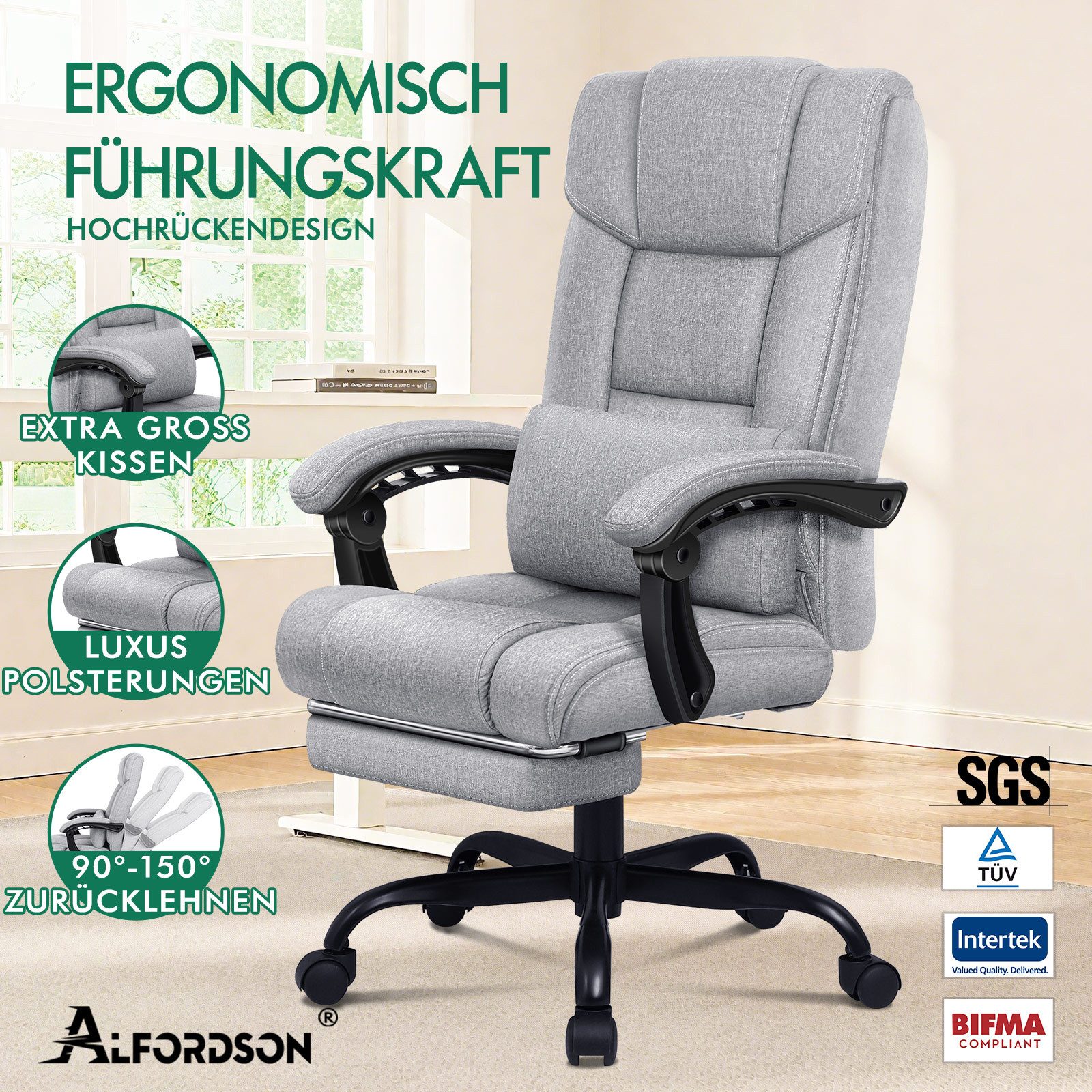 ALFORDSON Bürostuhl mit Fußstütze und XL-Lendenkissen, 150° neigbar, Grau günstig online kaufen