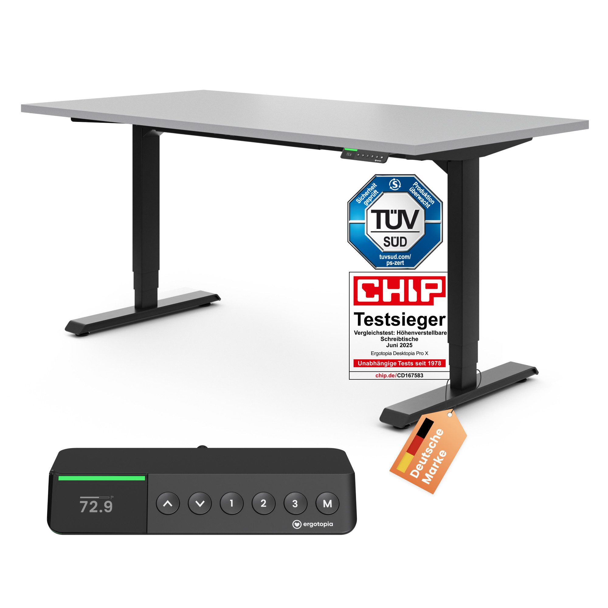 Ergotopia Schreibtisch Desktopia Pro X elektrisch höhenverstellbarer Schreibtisch, elektrisch verstellbarer Bürotisch inkl. edlem OLED-Display