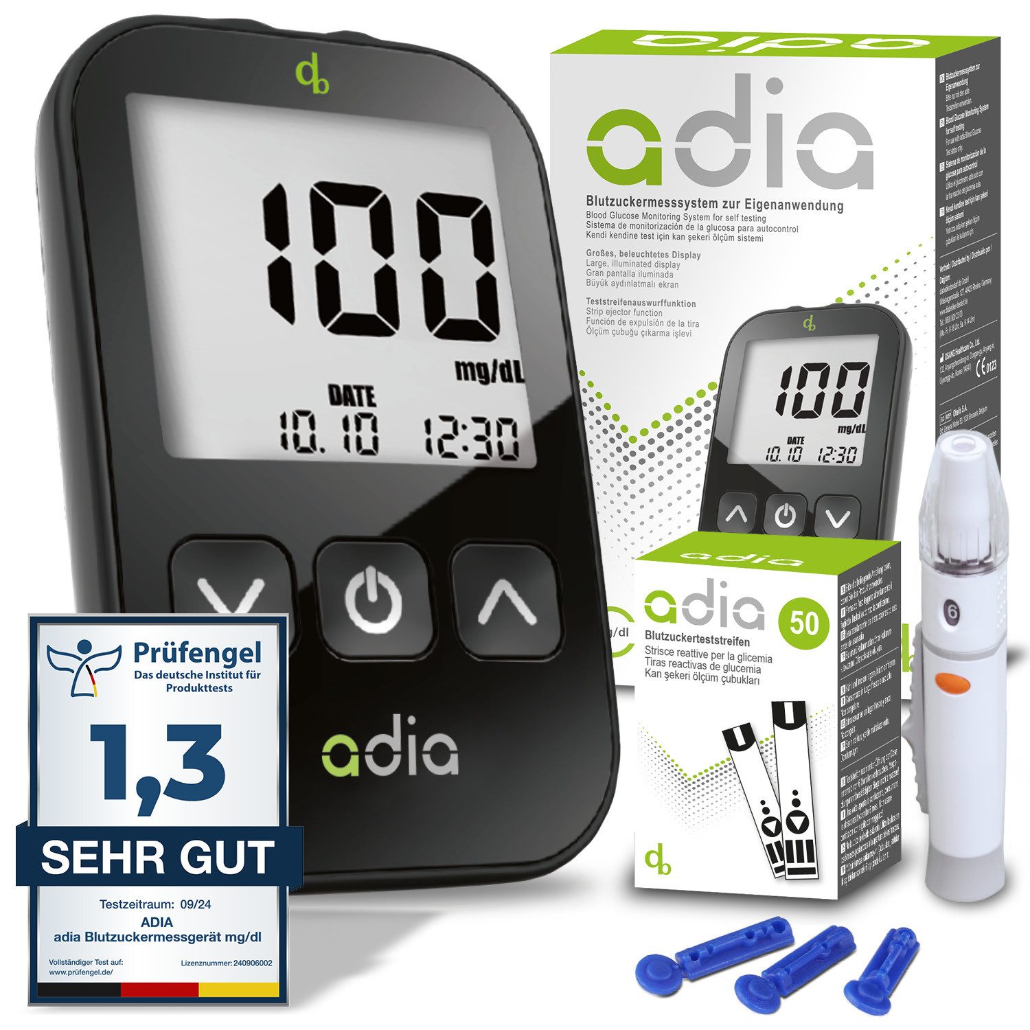 ADIA Blutzuckermessgerät adia Blutzuckermessgerät - Starter Set inkl. 60 Teststreifen - mg/dl