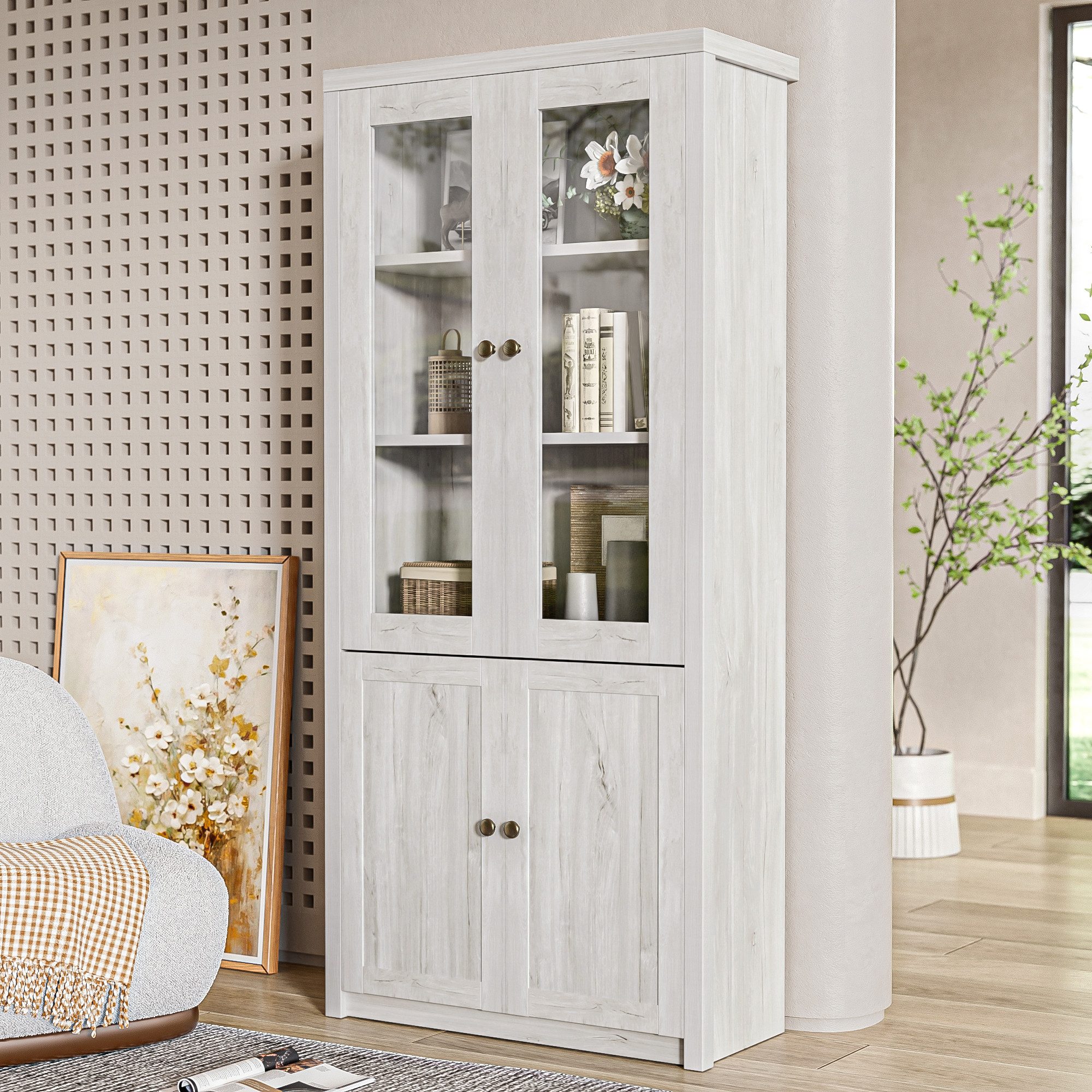 Merax Hochschrank Holzoptik Standvitrine mit Glastüren (1-St) Glashängeschrank Sideboard,Viel Stauraum mit Kupfergriffen 80x34x171cm