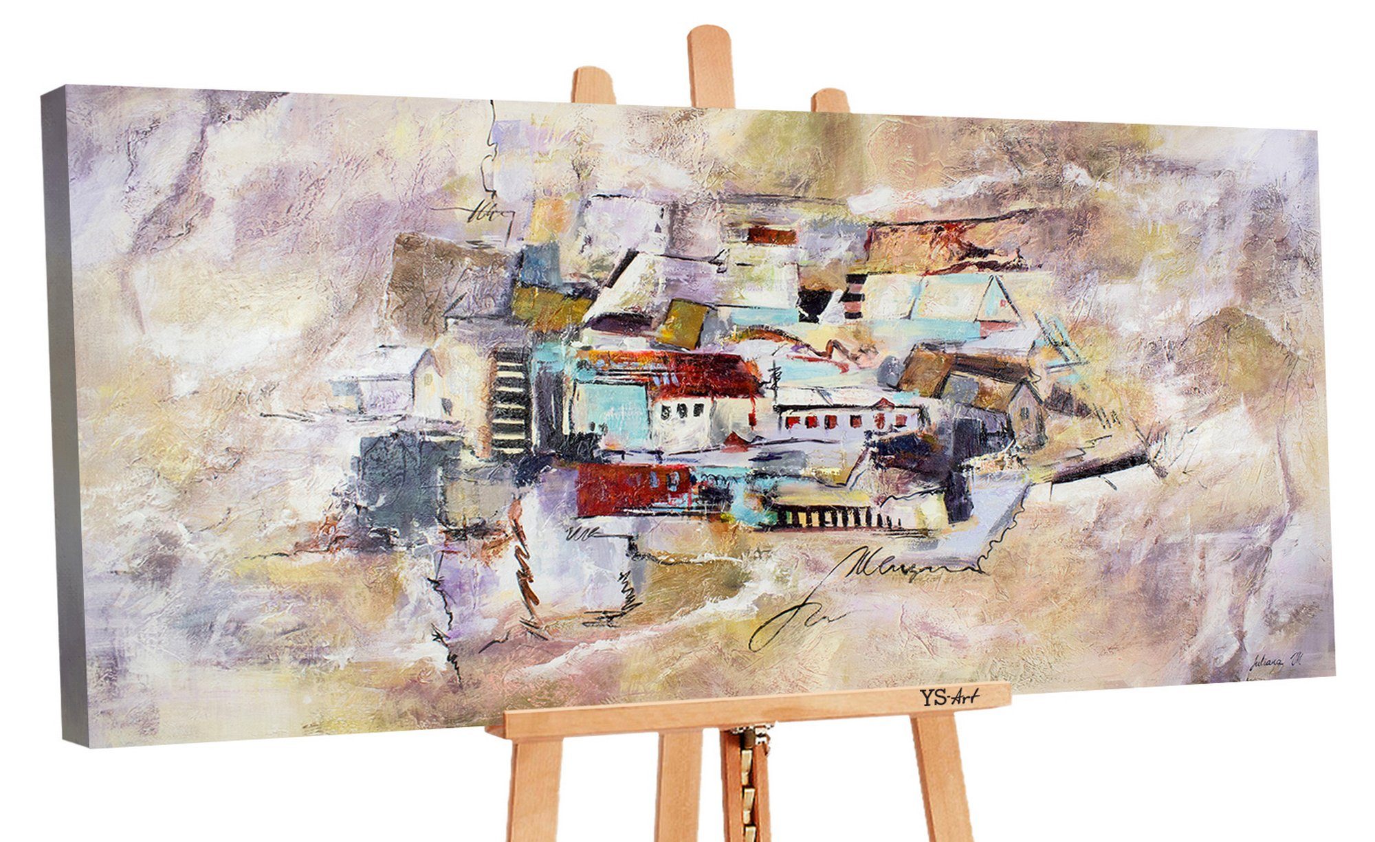 YS-Art Gemälde Fortschritt, Architektur, Leinwand Bild Handgemalt Dorf Haus Bunt Abstrakt
