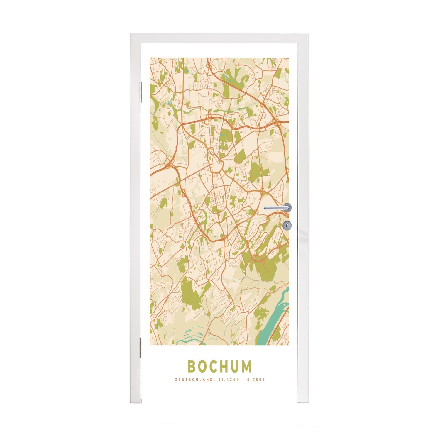 MuchoWow Türtapete Karte - Bochum - Karte - Vintage - Stadtplan, Matt, bedruckt, (1 St), Fototapete für Tür, Türaufkleber, 75x205 cm | Türtapeten