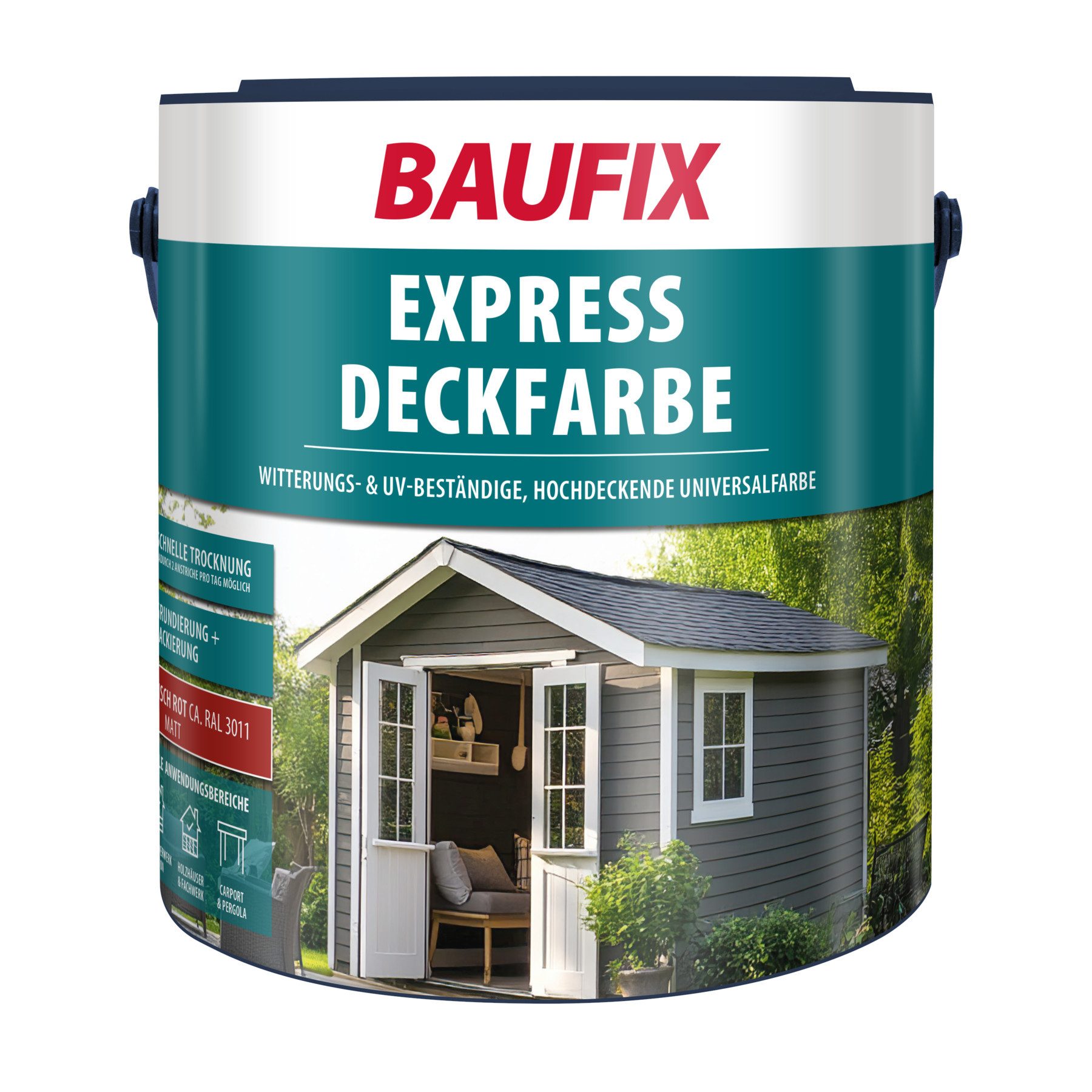 Baufix Wetterschutzfarbe Express Deckfarbe matt, 2,5 Liter für ca. 25 m², Wetterschutzfarbe, Hochdeckende, elastische Farbe mit hoher Wetterbeständigkeit für außen
