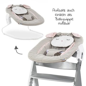 Hauck Hochstuhl Alpha Plus Grey - Newborn Set Powder Bunny, Holz Babystuhl ab Geburt inkl. Aufsatz für Neugeborene & Sitzauflage