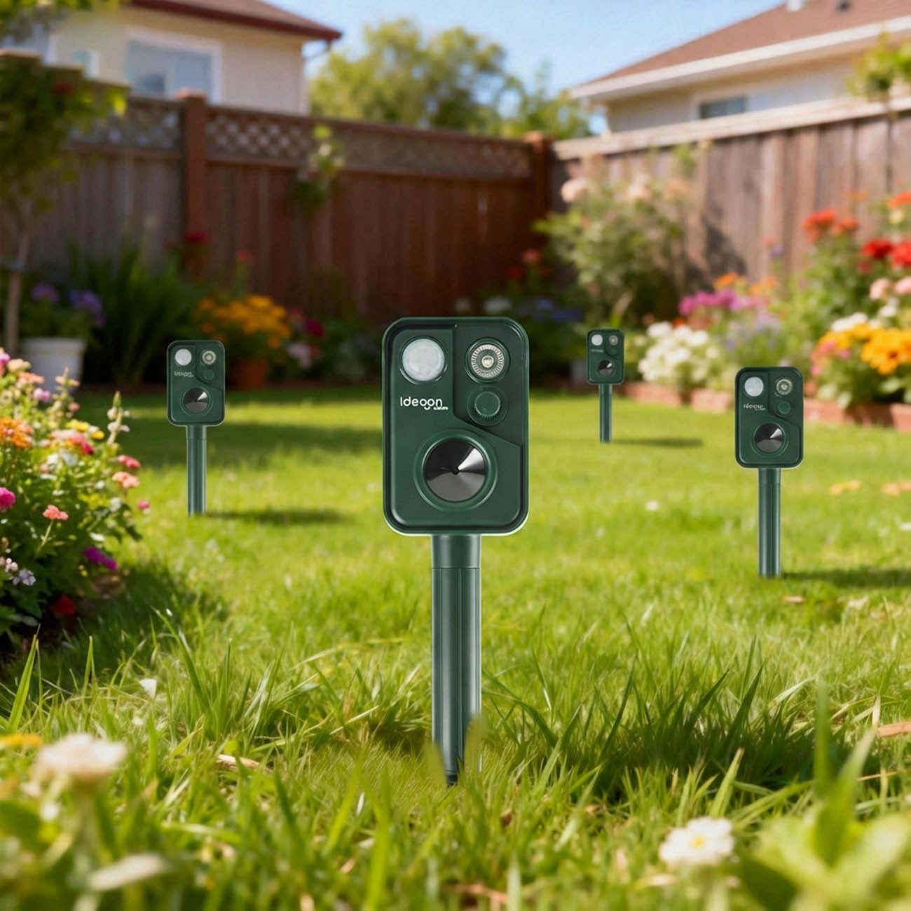 shop'n smile ideoon Wasserstrahl-Tiervertreiber Zuverlässiger Solar-Tierschreck gegen Marder, Vögel, 4-tlg., mit PIR-Sensor & LED Blitzlicht - 13,5-45,5 Hz