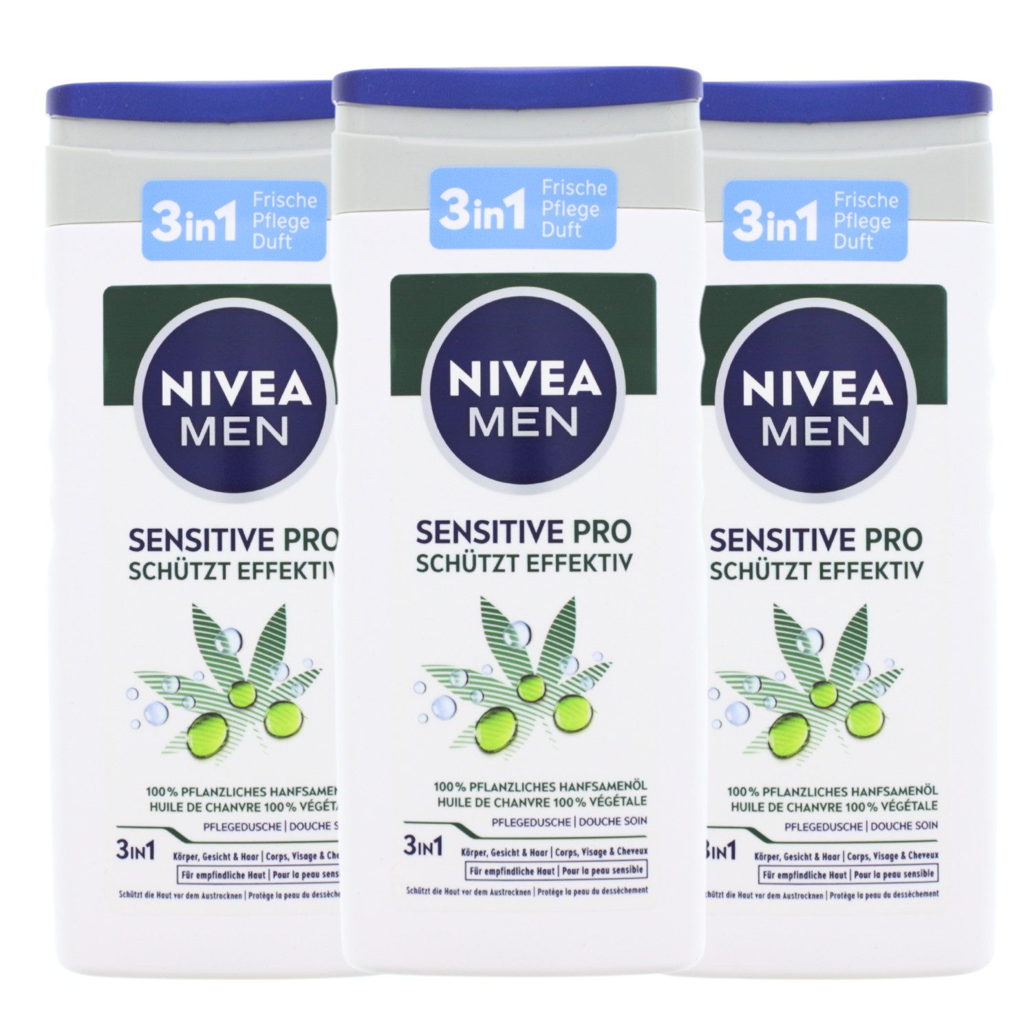 Duschgel 3 x NIVEA MEN Sensitive Pro je 250ml Duschgel 3in1 mit Hanfsamen-Öl Cr