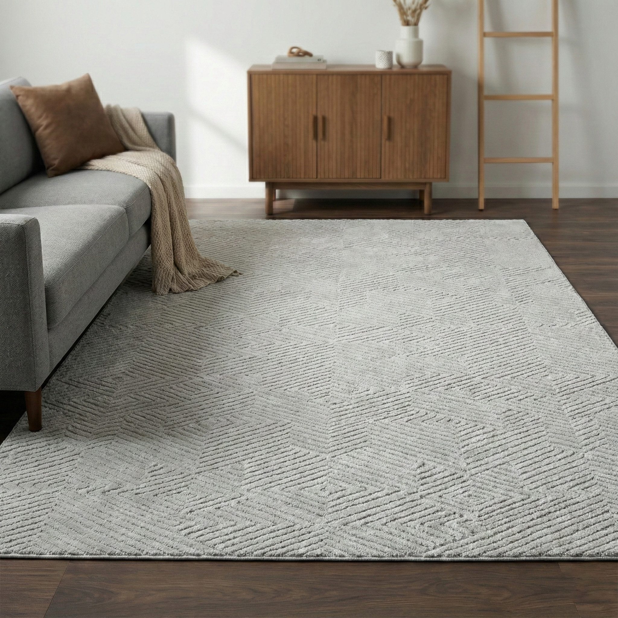 Vimoda Designteppich Costalight, Rauten 3D Muster, Rund, Höhe: 7 mm, Boho Hochtief Effekt, Wohnzimmer, Küche, Schlafzimmer