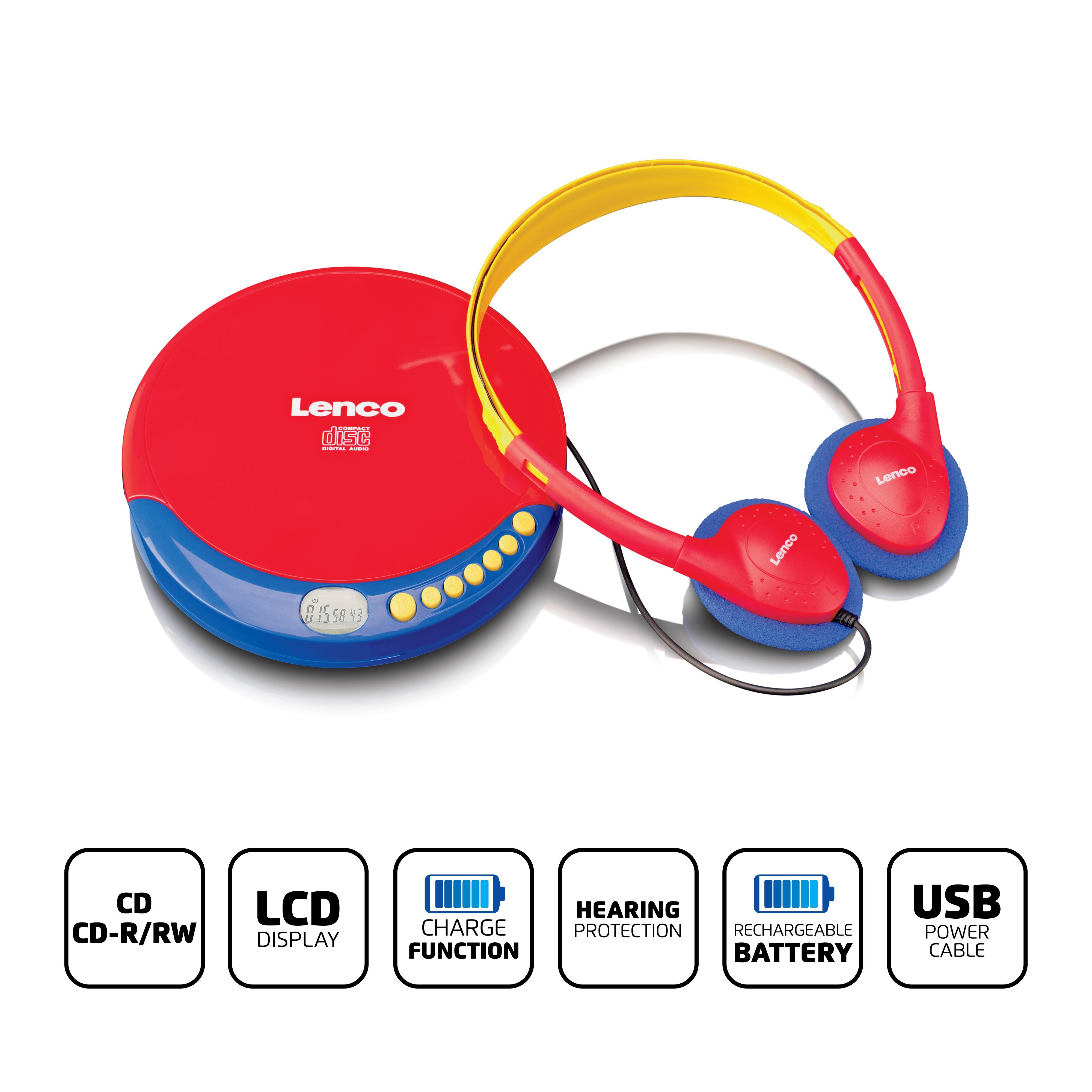 Lenco CD-021KIDS CD-Player (Kinder CD-Player mit Schallschutz, inkl. Kopfhörer & Batterien)