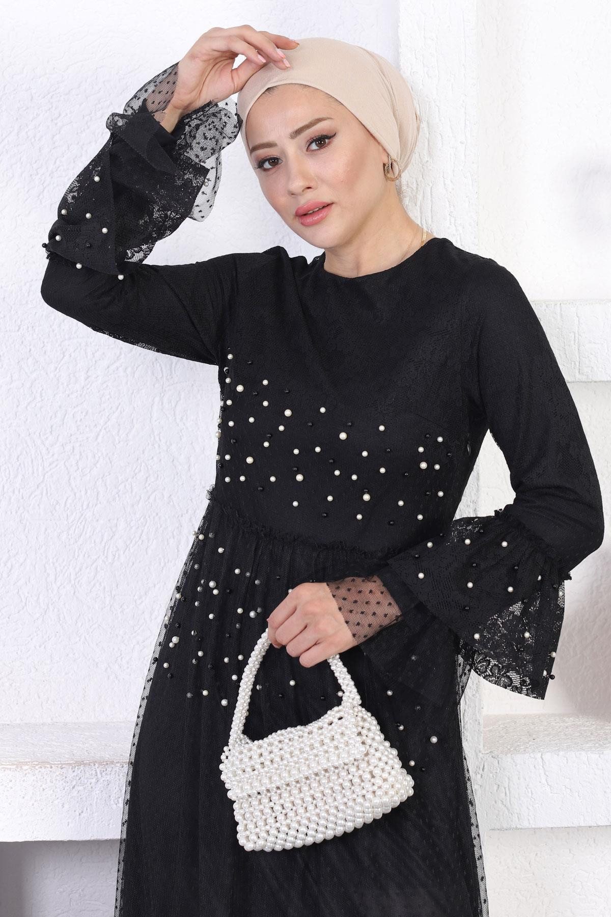 MODAMİHRAM Abendkleid Perlen Spitze Rüschen Ärmel Abendkleid