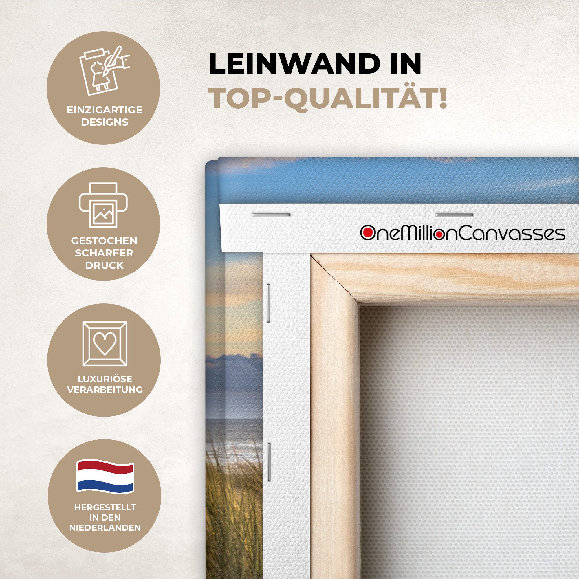 OneMillionCanvasses® Leinwandbild Panorama Strand - Düne - Gras - Sonnenuntergang - Meer, Fotodruck (1 St), Wandbild, Deko Schlafzimmer Wohnzimmer Flur 40x20 cm
