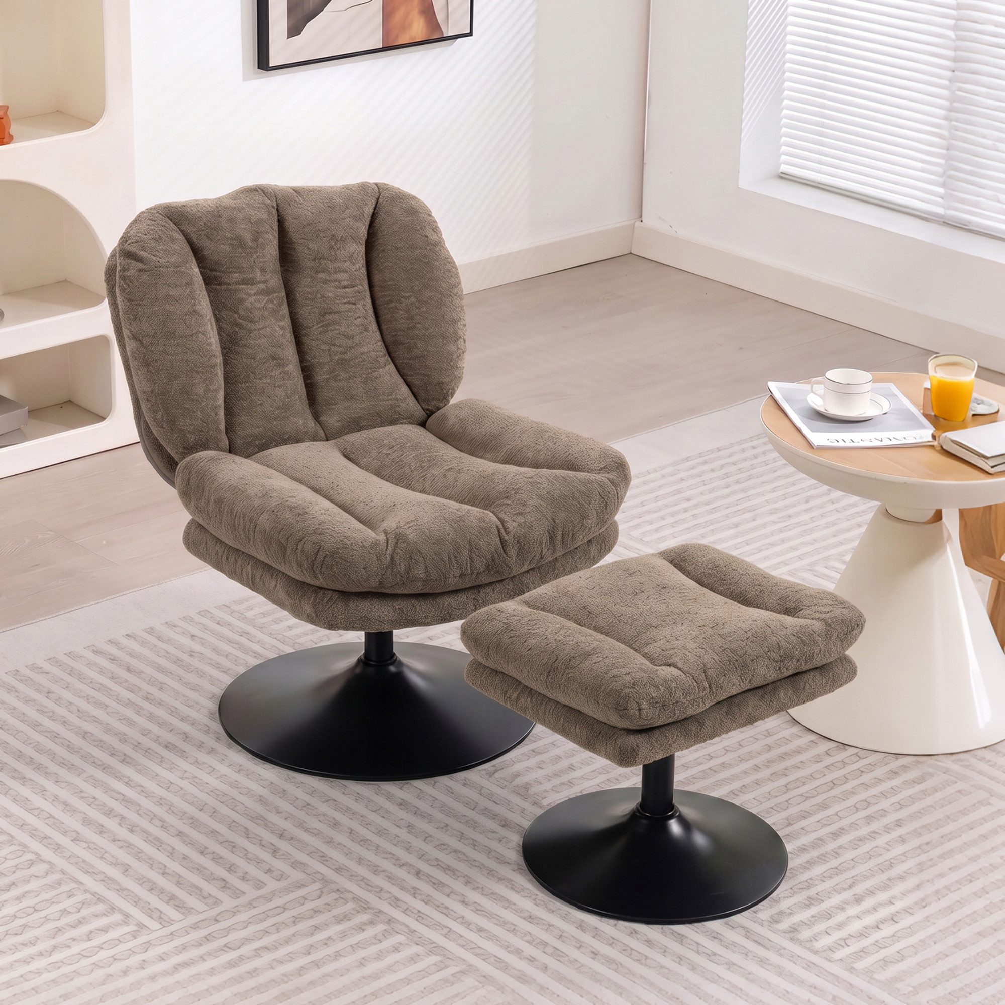 HOMCOM Relaxsessel Loungesessel, gepolsterter Drehsessel mit Samtoptik mit Struktur (Set, 1-St., Relaxsessel mit Hocker), 360° drehbar, Hocker höhenverstellbar