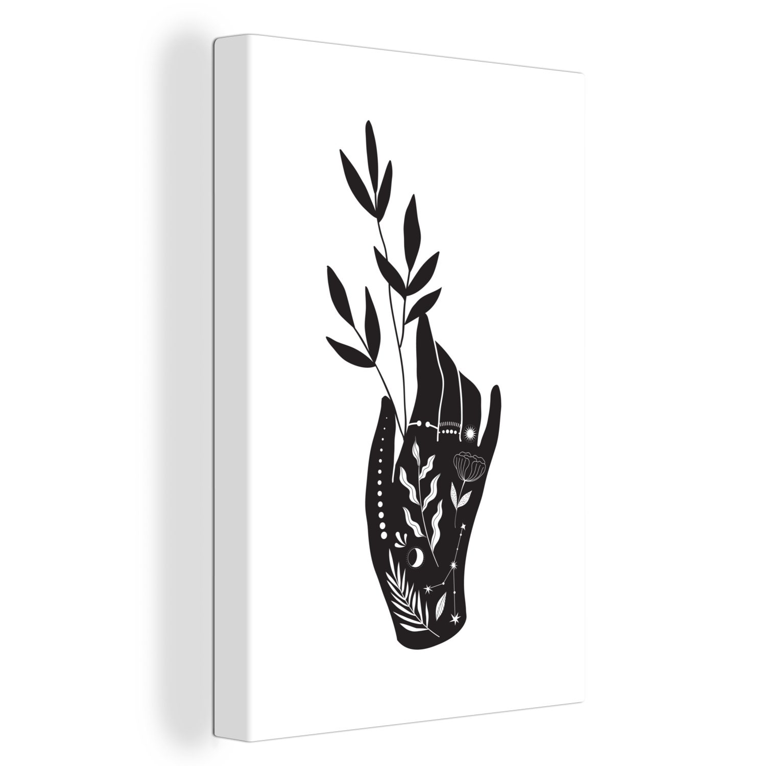 OneMillionCanvasses® Leinwandbild Moderne Kunst von einer Hand und einem Zweig auf weißem Hintergrund, (1 St), Leinwandbild fertig bespannt inkl. Zackenaufhänger, Gemälde, 20x30 cm