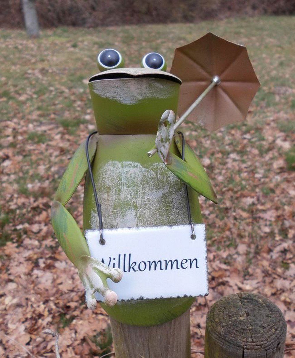 (1 Gartendeko Frosch Zaunhocker St) Willkommen Deko-Impression Schild Dekofigur u. Zaunfigur Schirm