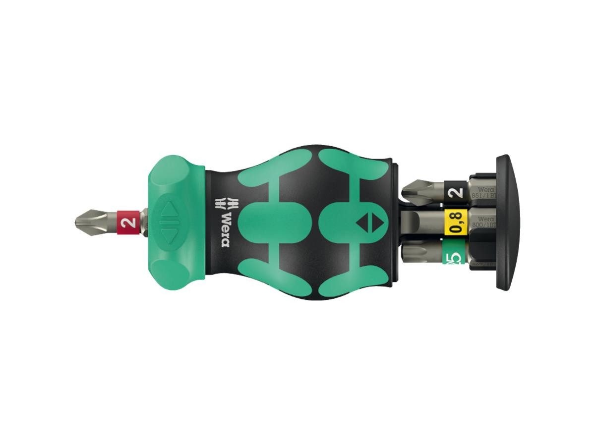 Wera Schraubendreher KK Stubby Magazin RA 2, innovative Ratschenmechanik ermöglicht "Zwirbeln", Farbkennzeichnung