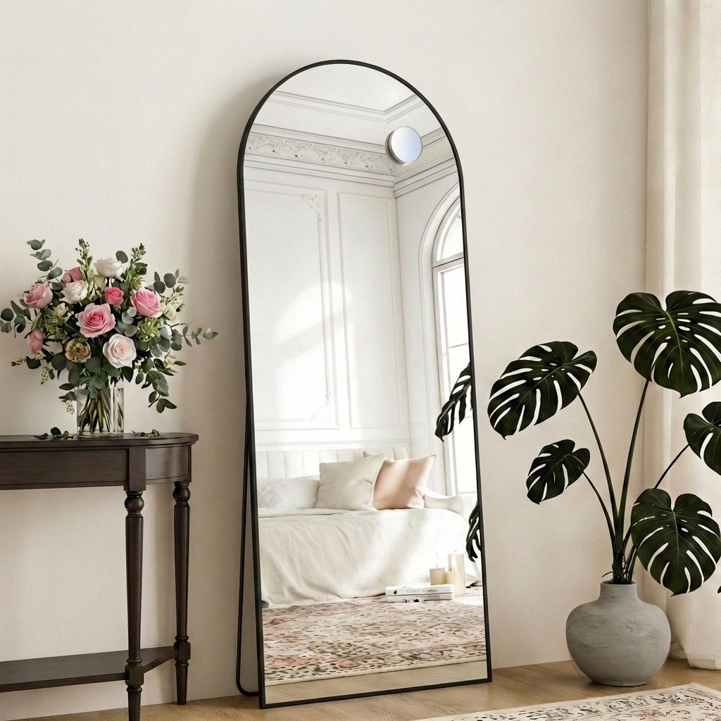 SONGMICS Standspiegel Ganzkörperspiegel mit saughaftem, verschiebbarem Vergrößerungsspiegel, 165x60 / 160x50 / 140x40 cm, Rahmen aus Aluminiumlegierung, Hartglas