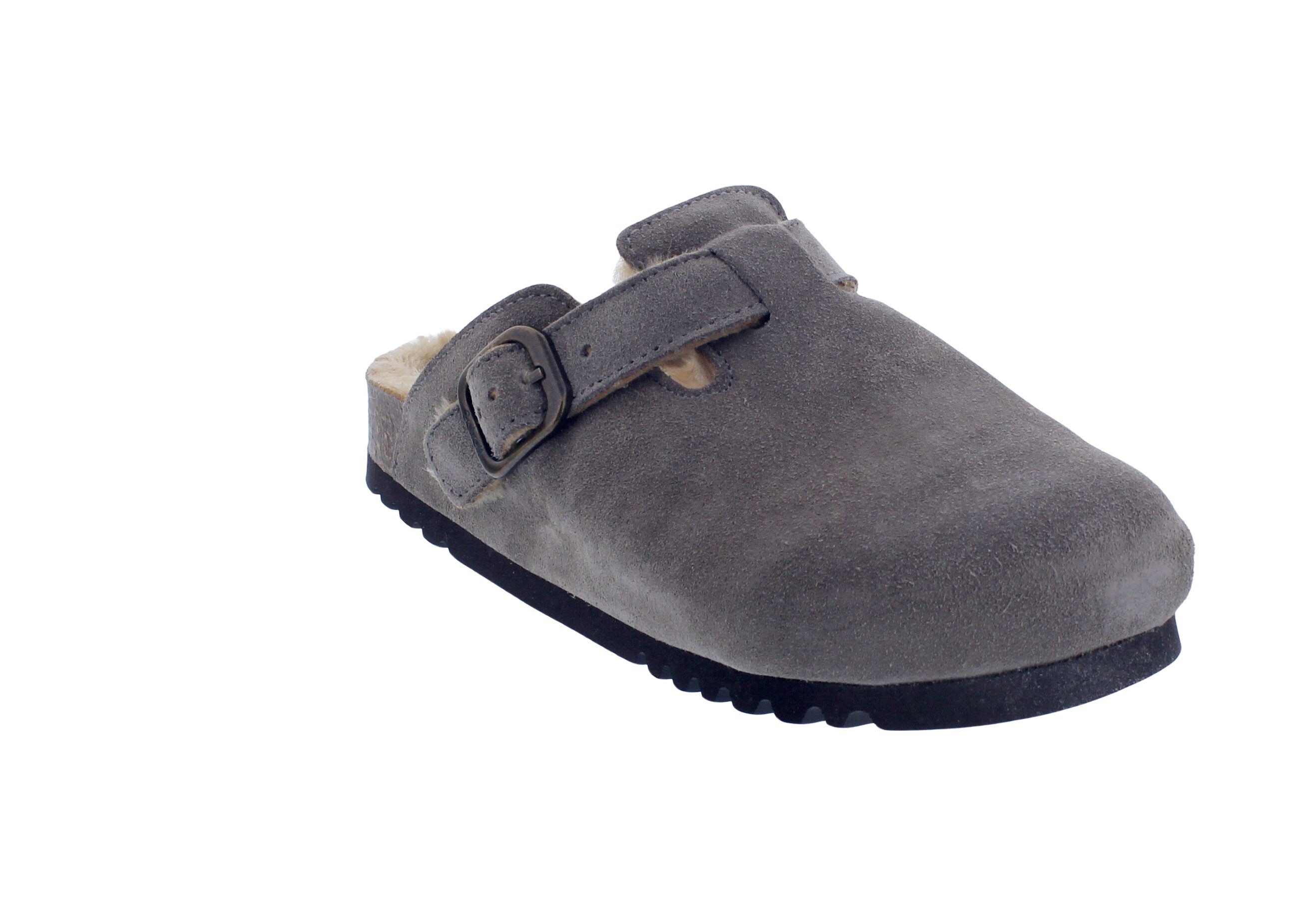 Scholl Scholl Fae New F Clog Grey Suede - Velourleder in grau mit Fell Clog