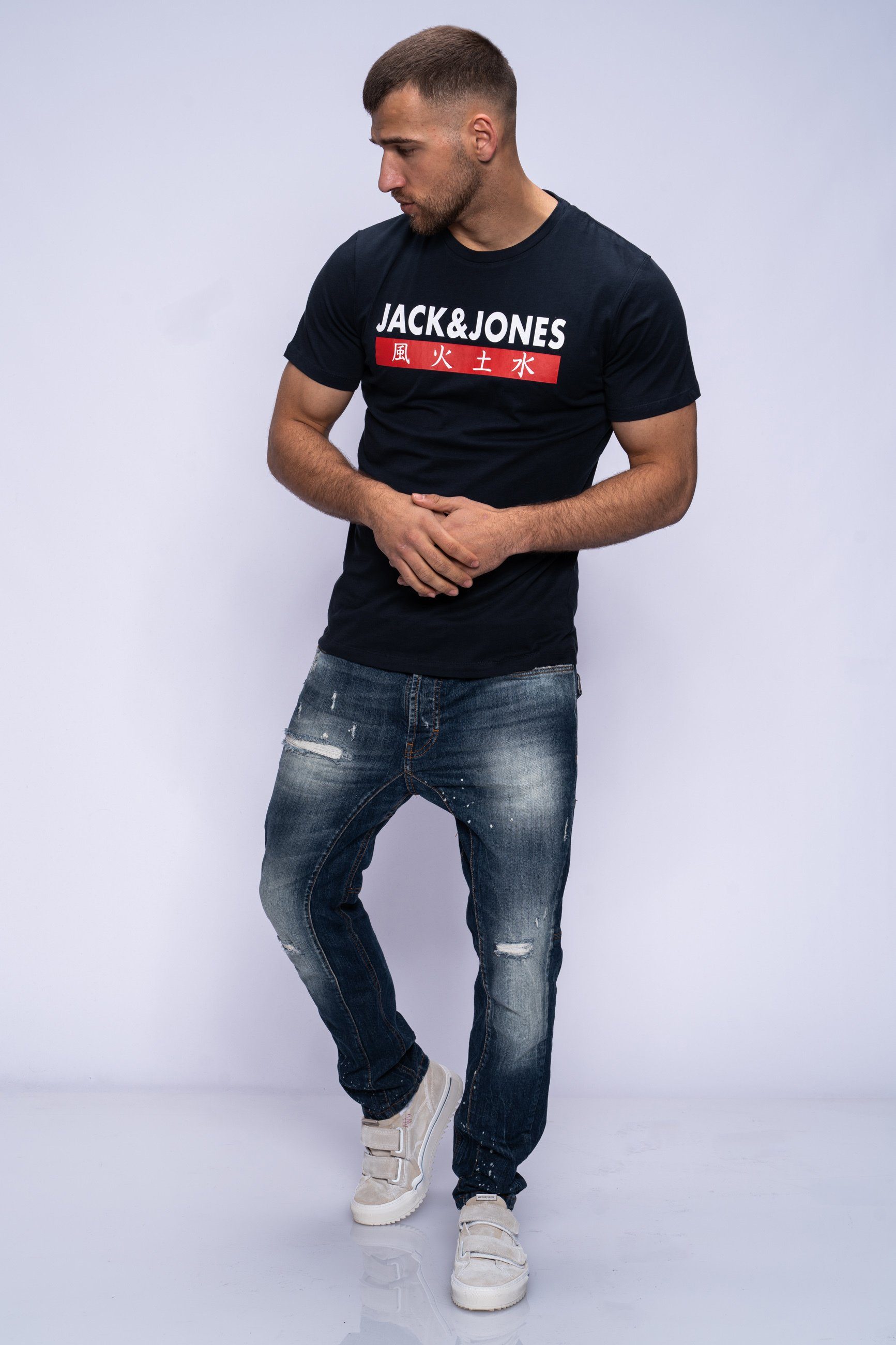 Jack & Jones Print-Shirt ELEMENTS TEE SS CREW NECK Kurzarmshirt aus Baumwolle Stretch Shirt Baumwoll-Jersey Logo Druck