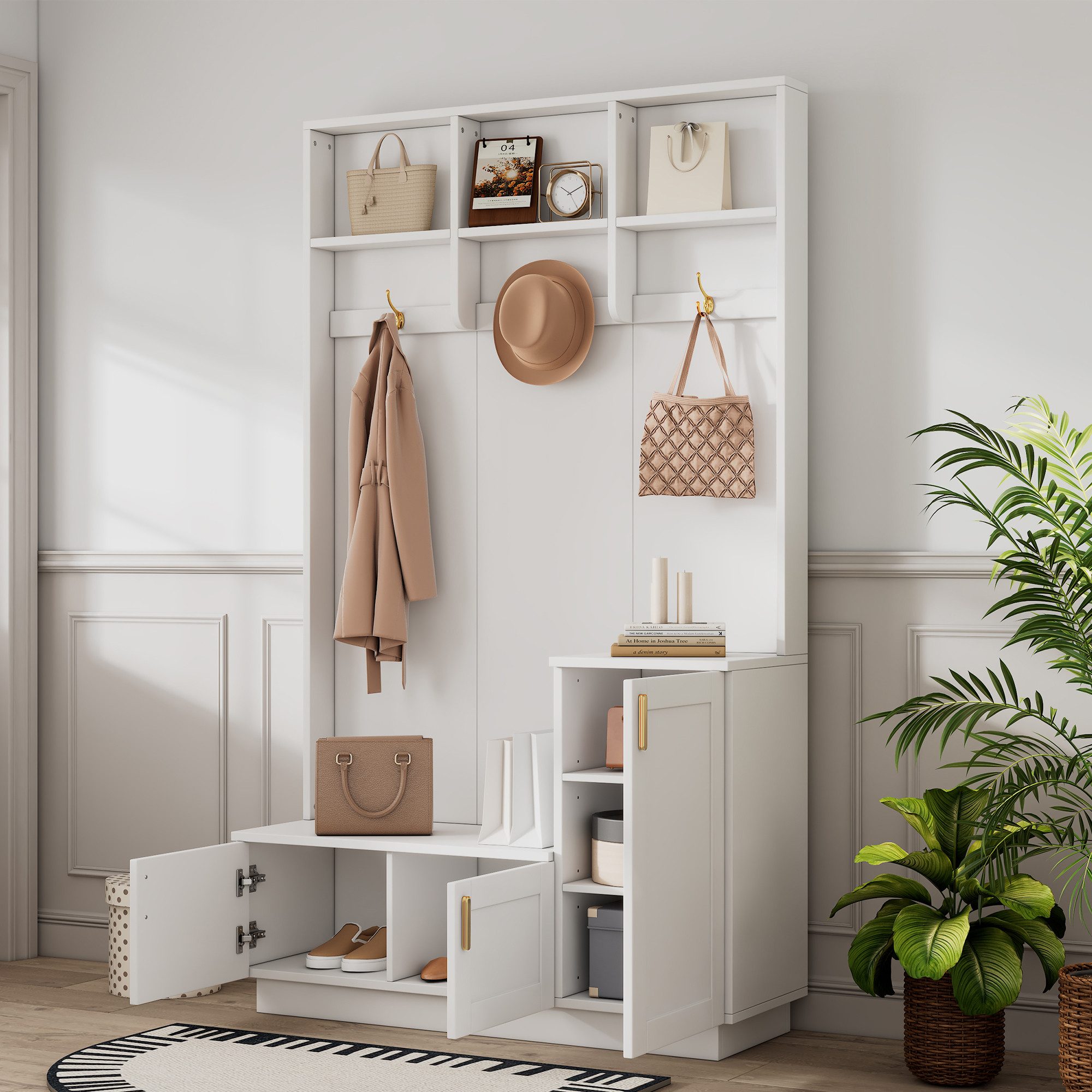 REDOM Garderoben-Set Moderner Garderobenschrank, (mit 3 Haken, Schuhablage und verstellbarem Stauraum – Elegante, platzsparende Flurmöbel für Flur, Eingangsbereich und kleine Haushalte, 1-St., 3 Haken, 3 Tür), mit einer Bank, 3 Haken