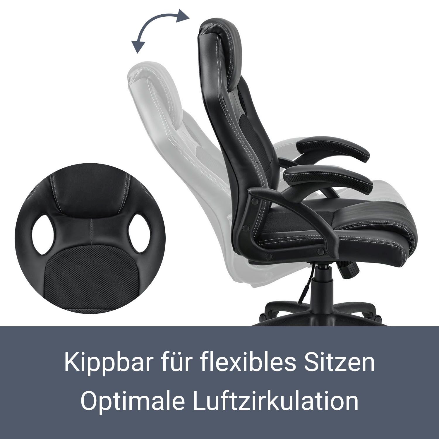 Juskys Gaming-Stuhl Montreal, Ergonomisch geformte Schwarz Sitzfläche, kippbar Rückenlehne und Sitzfläche