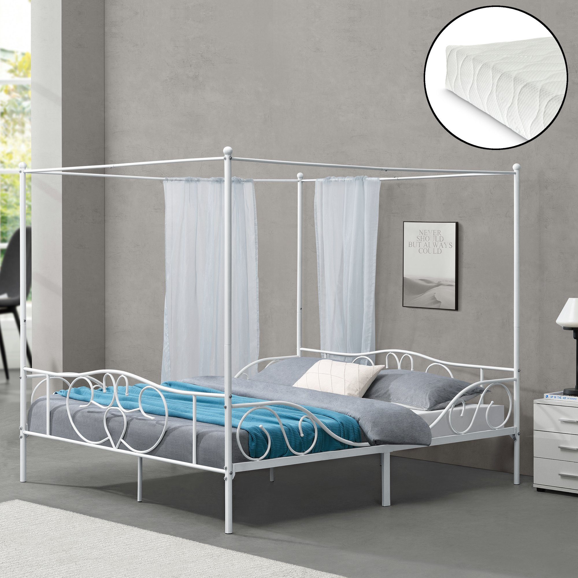 en.casa Himmelbett, »Finström« Doppelbett aus Stahl 180x200 cm mit Matratze Weiß