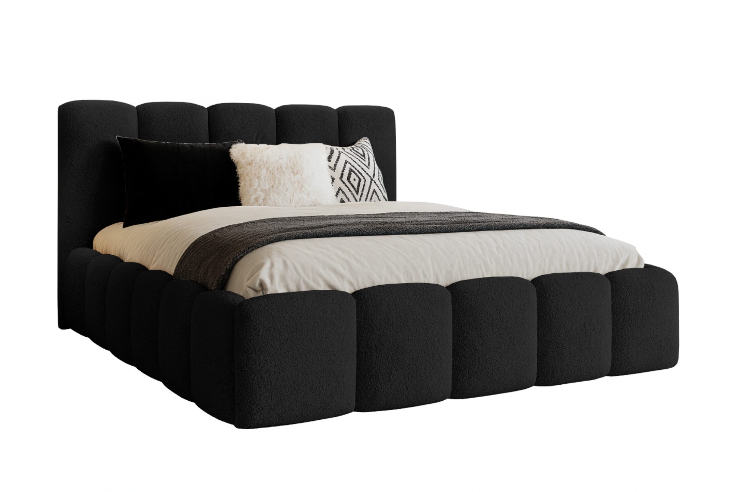 Deine Möbel 24 Polsterbett VALIA Polsterbett mit Bouclé-Bezug und großem Stauraum, Bubble-Design (Kompletbett Bett Ehebett Bubble-Bett, 1-tlg., Farben: Weiß, Creme, Hellgrau, Grau, Schwarz), 140x200 160x200 180x200 200x200