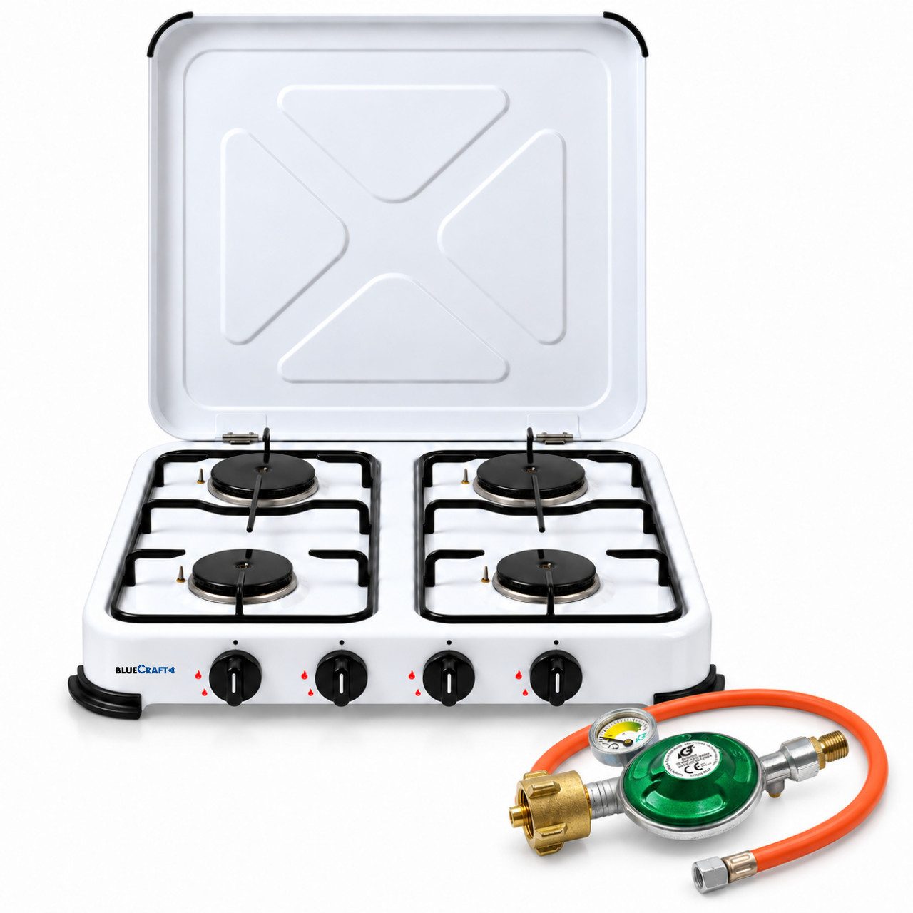 BlueCraft Gaskocher 4 flammig mit Zündsicherung 50mbar Propan Gas Campingkocher 5,8 kW, (mit Schlauch 100 cm und Gas Regler Druckminderer mit Manometer), Camping Gas Kocher 4 flammen für Gasflasche Gasherd Gas-Kochfeld