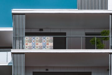 MuchoWow Balkonsichtschutz Design - Blumen - Orange - Blau - Abstrakt (1-St) Balkonbanner, Sichtschutz für den Balkon, Robustes und wetterfest