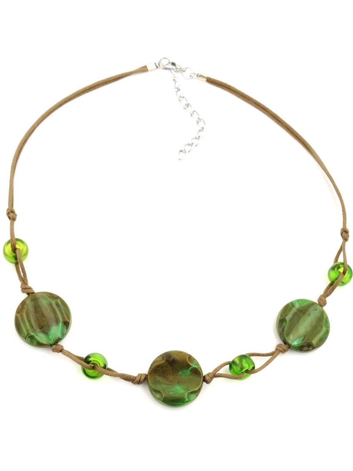 Gallay Perlenkette 3x Scheibe Kunststoff khaki-grün-marmoriert Kordel hellbraun 45cm (1-tlg)