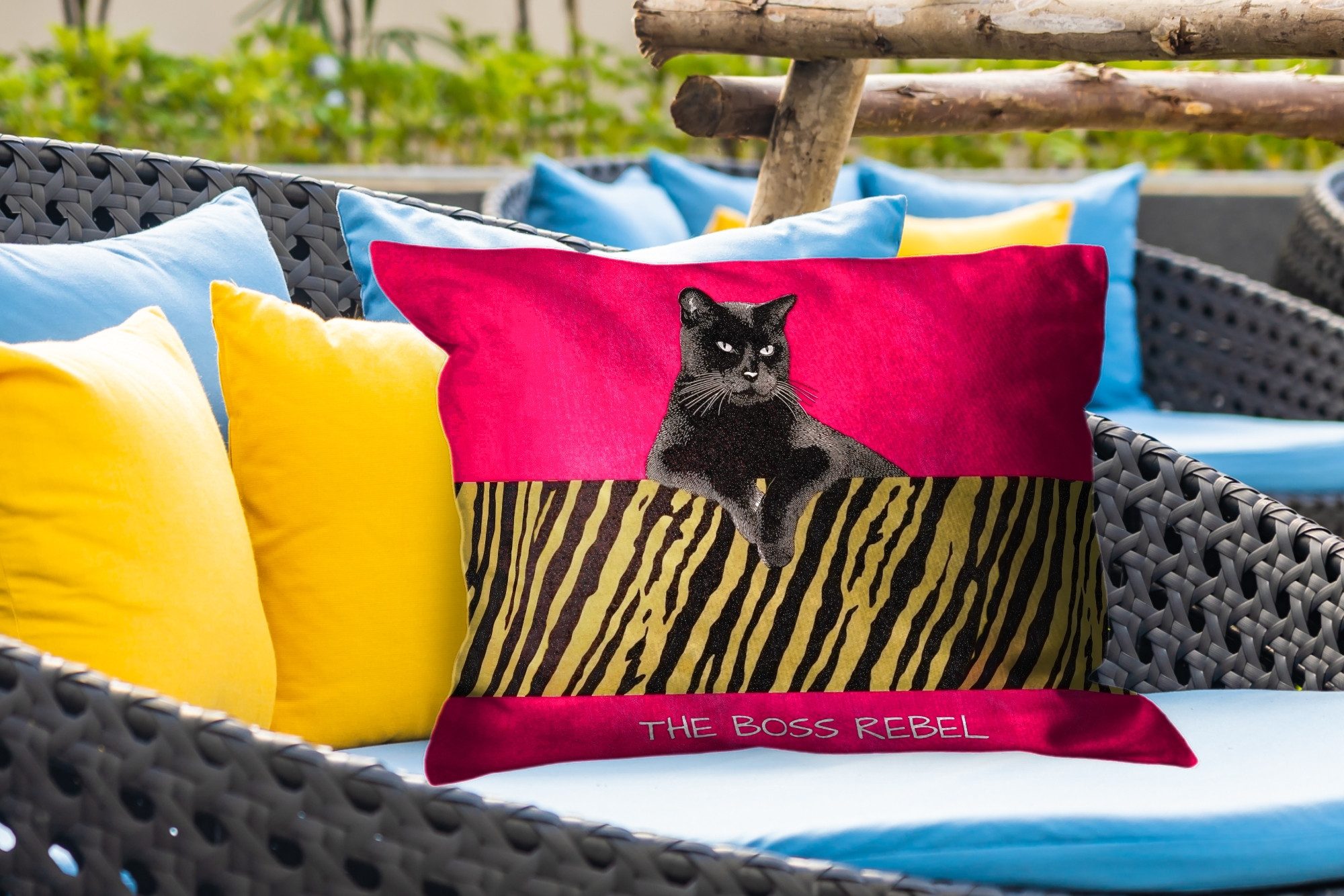 MuchoWow Dekokissen Katze - Boss - Rosa - Tigerdruck, Outdoor-Dekorationskissen, Kissen, Kissenbezug, 60x40 cm
