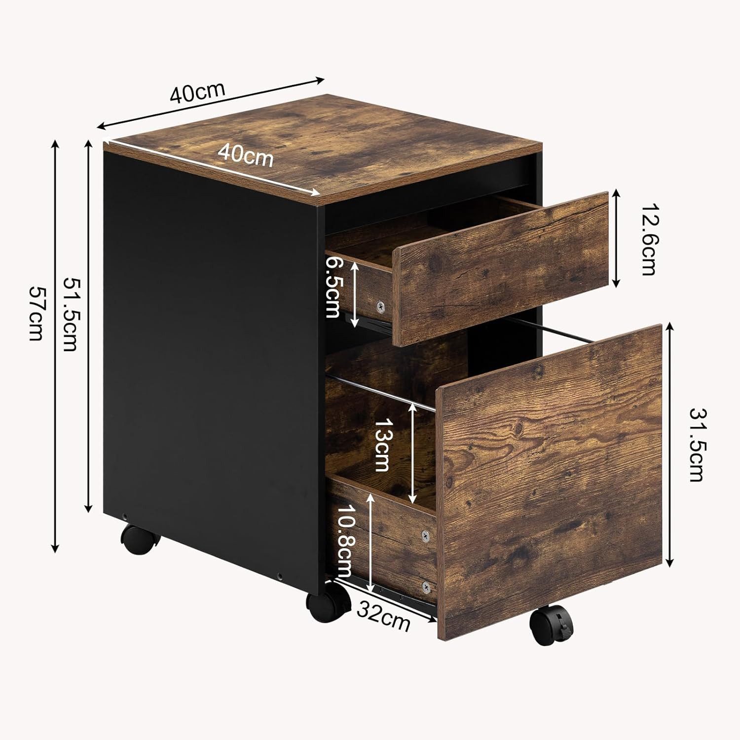 Woltu Rollcontainer, mit 2 Schubladen, Büroschrank auf Rollen, 40x57x40 cm