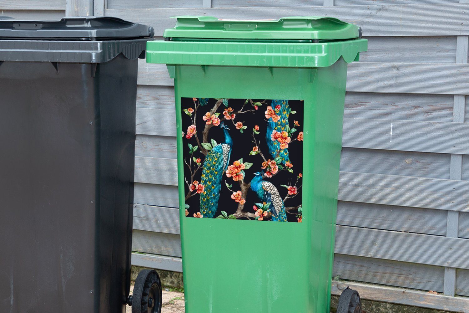 MuchoWow Wandsticker (1 Abfalbehälter Mülleimer-aufkleber, Mülltonne, Muster Schwarz Sticker, - Blüte - Container, St), - Pfau