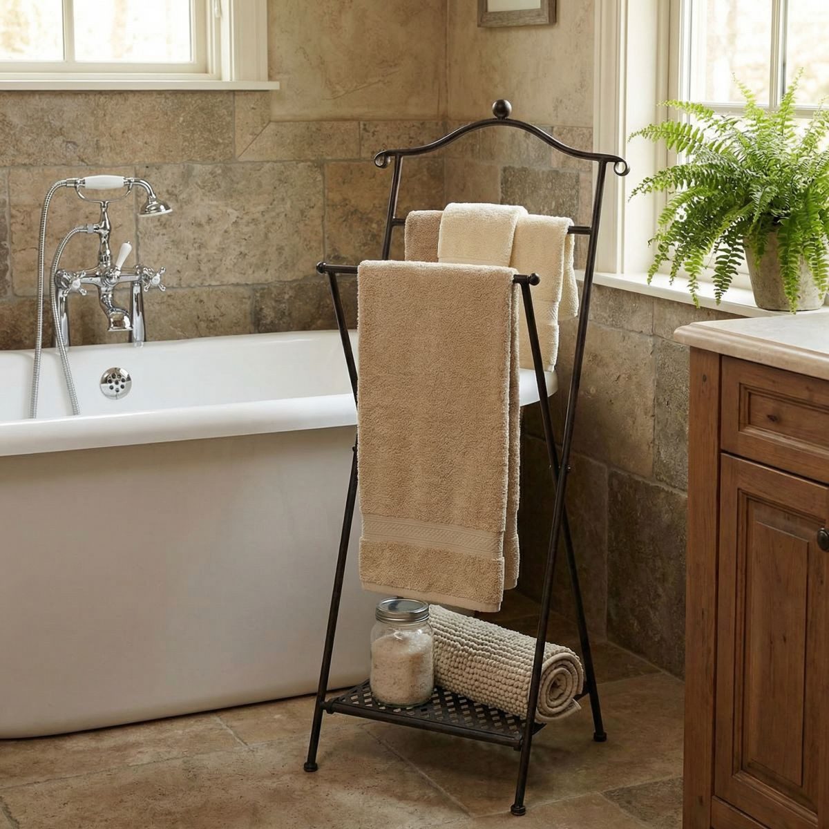 Ambiente Haus Handtuchhalter Antik, antikbraun aus Metall mit Ablageboden