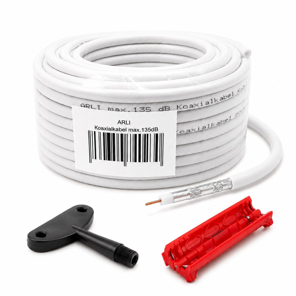 ARLI 50m Koaxialkabel 135dB 5-fach geschirmt + Abisolierer & Aufdrehhilfe TV-Kabel, F Stecker, Sat (5000 cm), Werkzeug Set für DVB-S/S2 DVB-T/T2 DVB-C/C2 4K UHD HDTV