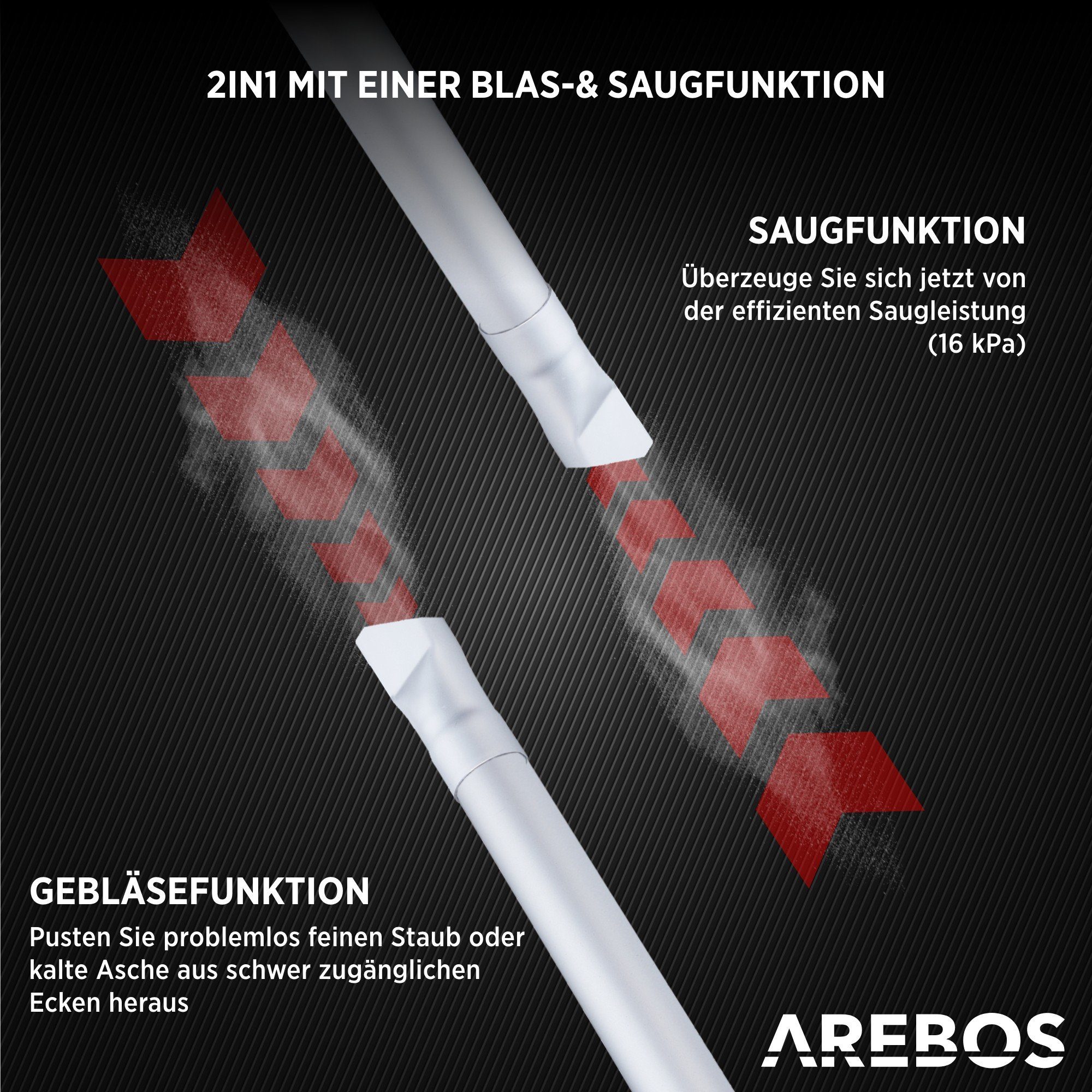 Arebos inkl. und Kaminsauger Filter, Saug- Aschesauger beutellos W, HEPA 1200,00 Blasfunktion,