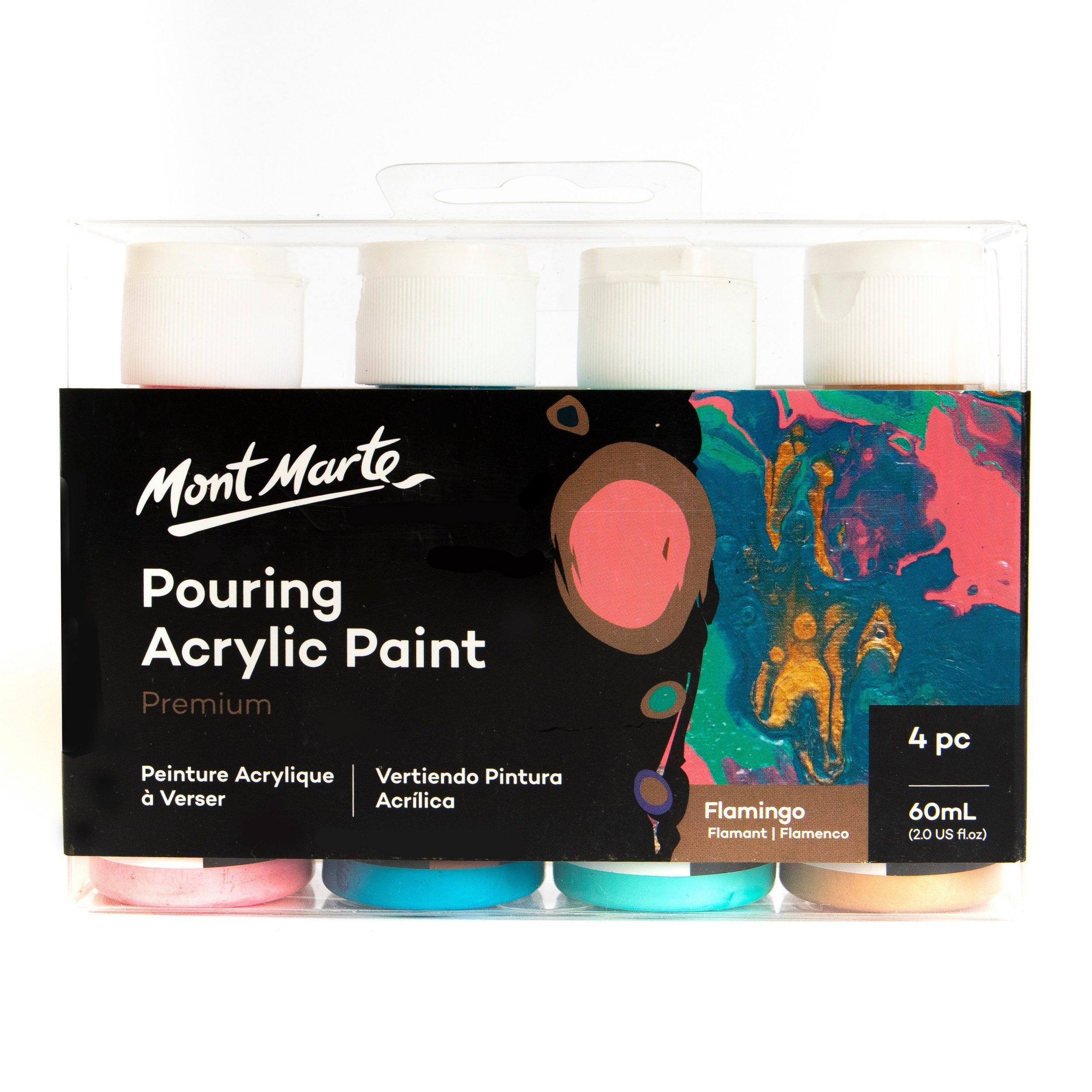 Mont Marte Bastelfarbe PREMIUM Pouring Acrylfarbe, Gieß-Acryl, je 4 x 60 ml, diverse Sets, Untereinander vermischbar & Bereits mit Pouring Medium vorgemischt