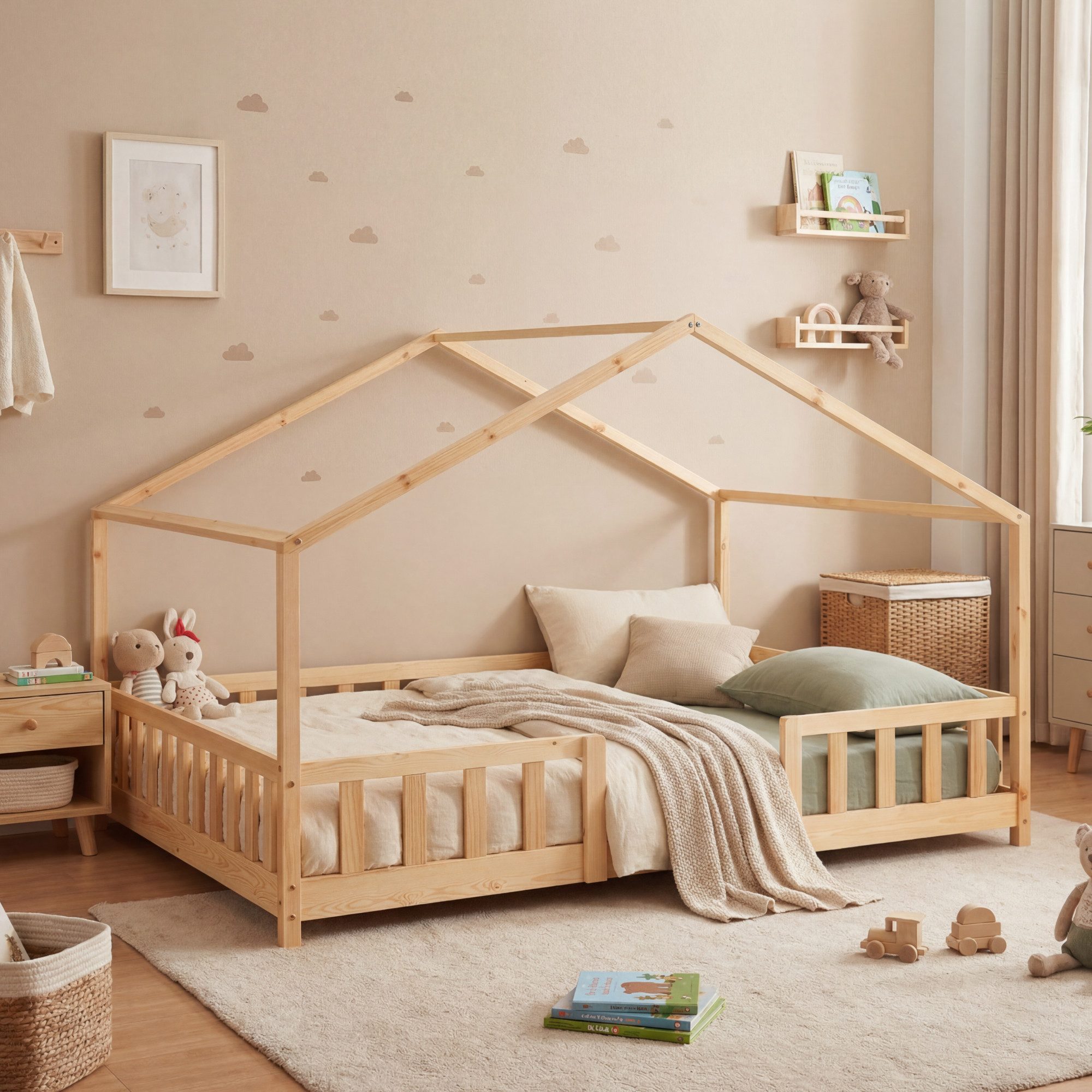 en.casa Kinderbett, »Treviolo« Haus-Optik Montessori 140x200 cm Holzfarben