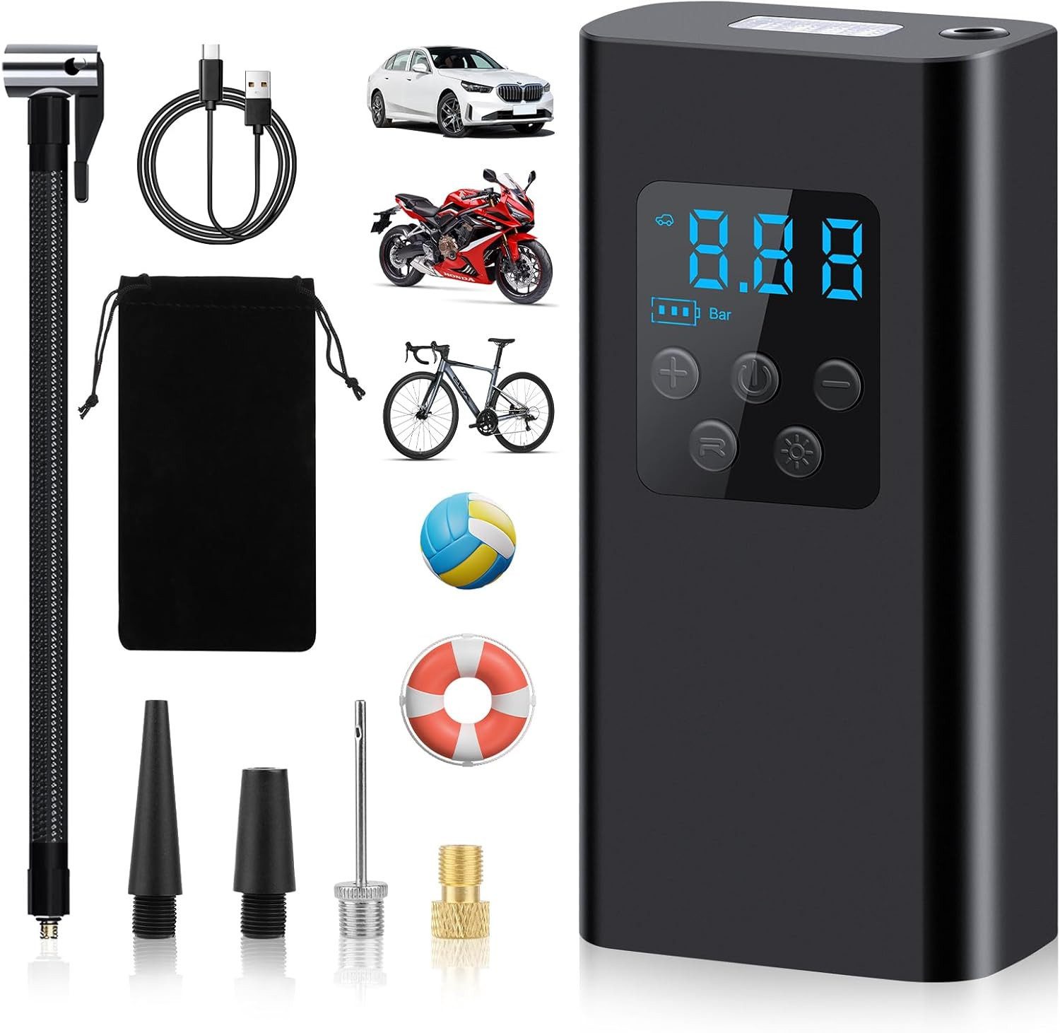 Athlix Luftpumpe Tragbare Mini-Luftpumpe, elektrischer Luftkompressor Pumpe für Fahrrad, 3 mitgelieferten Düsenaufsätze, Kabelloser Akkubetrieb