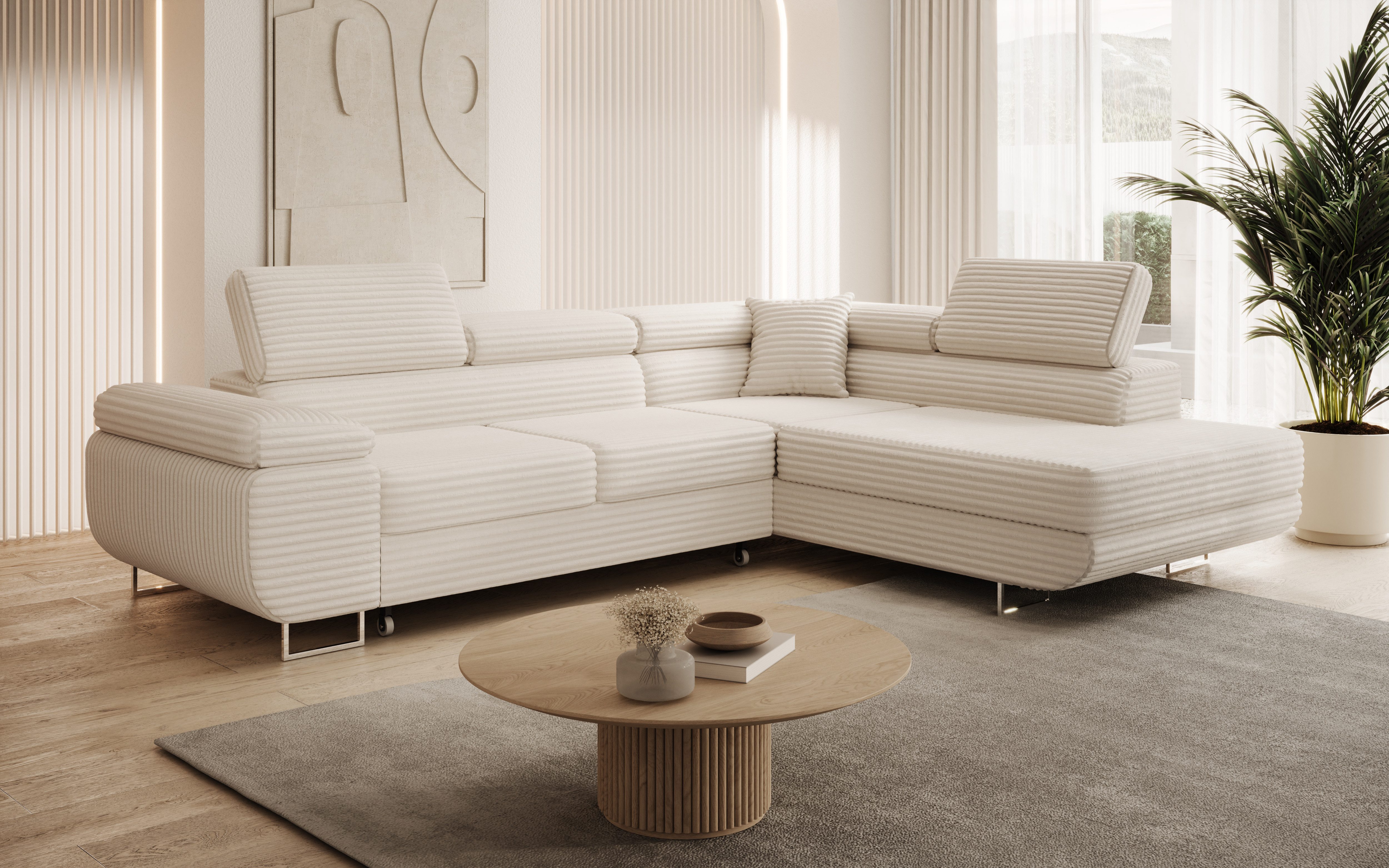 thematys Ecksofa ASTON mit Schlaffunktion & Bettkasten – Cordstoff TILIA, - mit 3 verstellbaren Kopfstützen, – L-Form 273×203 cm – Schlafsofa mit Auszug