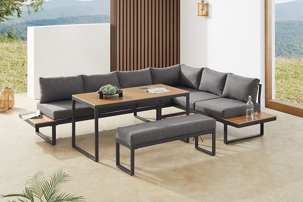 riess-ambiente Sitzgruppe IBIZA GRAND 280cm greige - Aluminium, mit Sitzpolstern, wetterfest, (Set, 3-tlg., Sitzecke, Bank, Tisch, 7x Sitzkissen, 7x Rückenkissen), Outdoorlounge inkl Kissen & Tisch - ideal f. Terrasse, Balkon & Garten