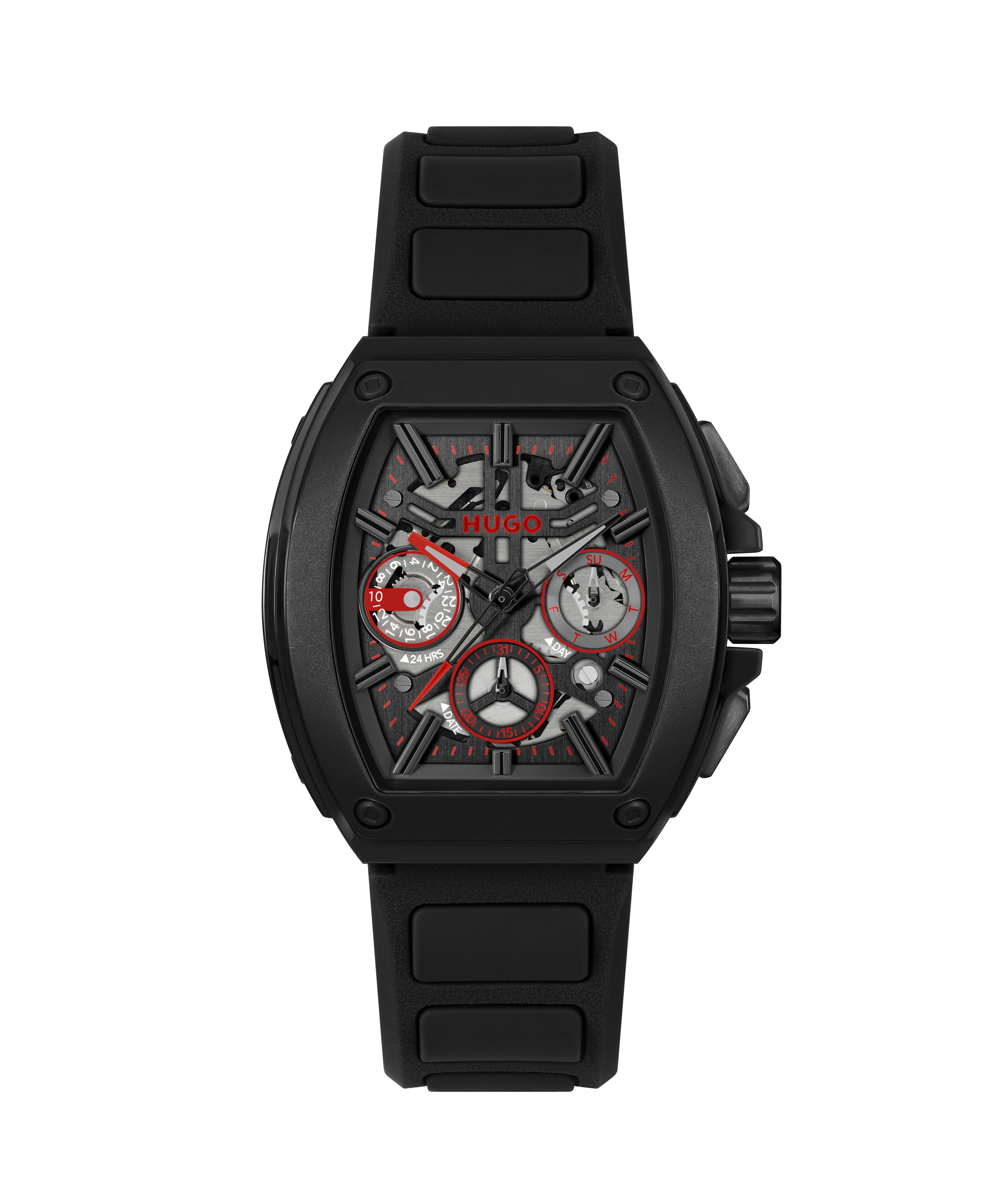 HUGO Multifunktionsuhr #HUGO ID SKELETON 1530446, Quarzuhr, Armbanduhr, Herrenuhr, Silikonarmband, analog