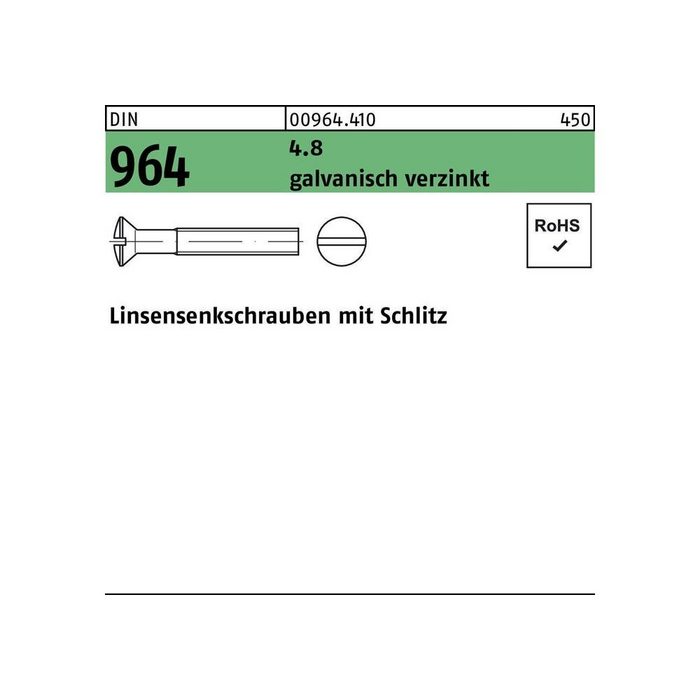 Senkschraube Linsensenkschraube DIN 964 Schlitz M 3 x 12 4.8 galvanisch verzinkt