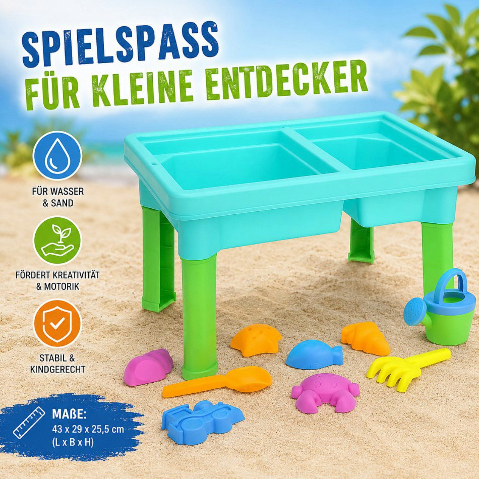 Koopman Wasserspieltisch Sandtisch 43x29x25cm 10 Tlg. Bunt, (Set, 10-tlg., Packung), 43x29x25cm, Inkl. Sandformen, 10tlg, 2 Spielwannen, Leichtgewichtig