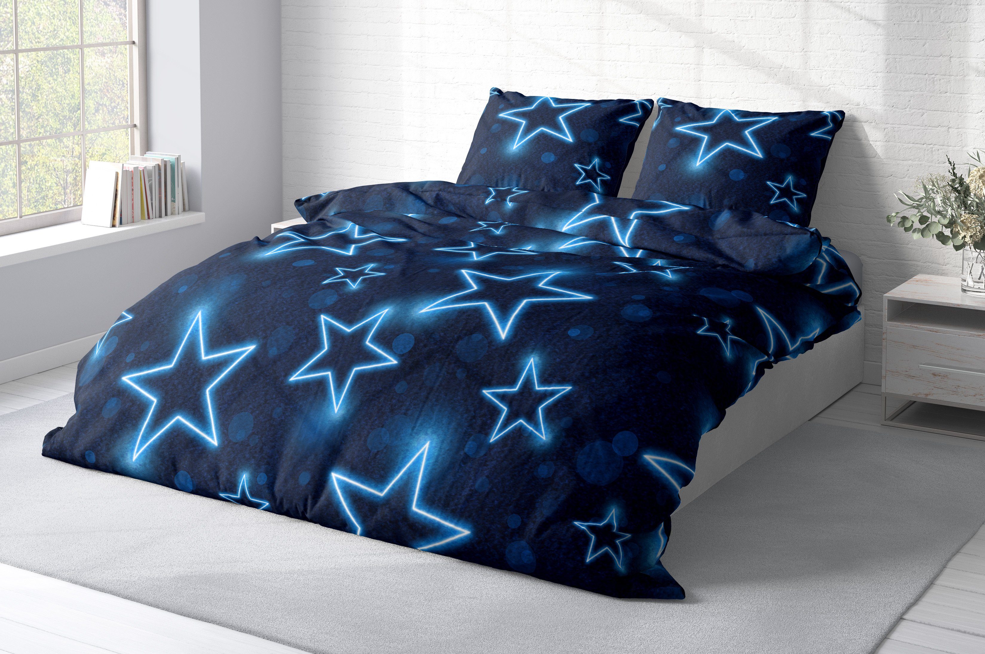 One Home Bettwäsche Sterne, Fleece, 3 teilig, leuchtoptik, kuschelig flauschig warm weich Winter Doppelbett