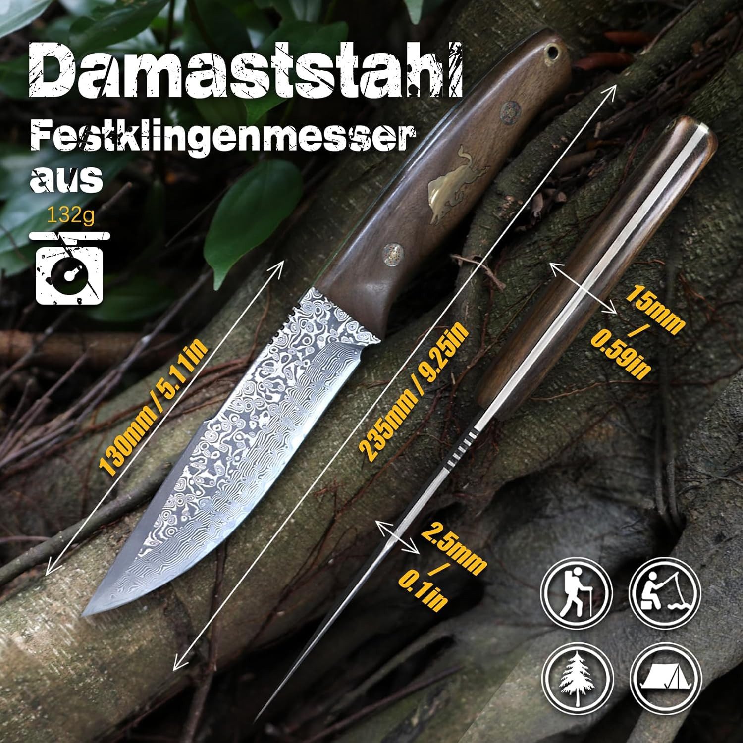 KingLux Damastmesser Damast Jagdmesser 77Lagen Damaszener Stahl Outdoor Bushcraft Messer
