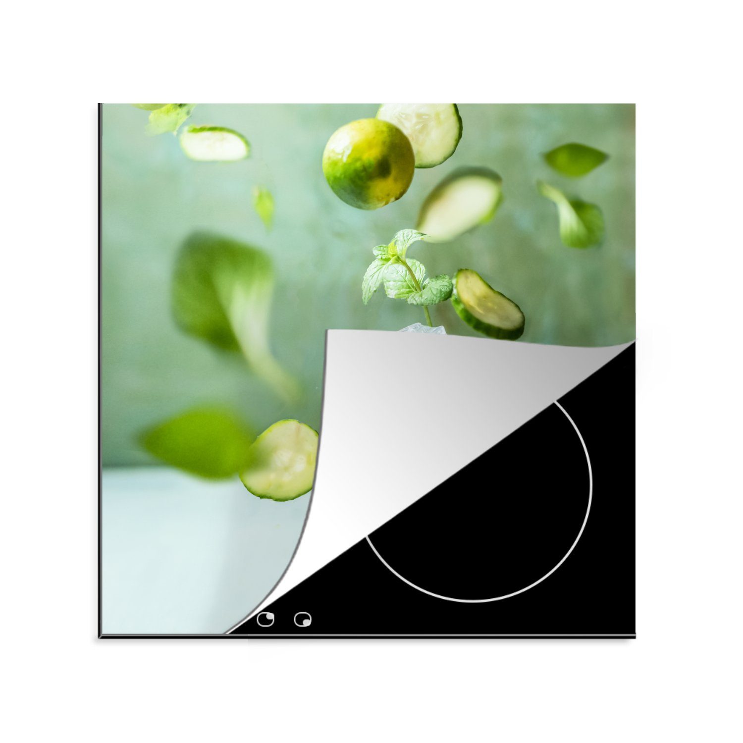 MuchoWow Herdblende-/Abdeckplatte Sommer Mojito auf grünem Hintergrund, Vinyl, (1 tlg), 78x78 cm, Ceranfeldabdeckung, Arbeitsplatte für küche