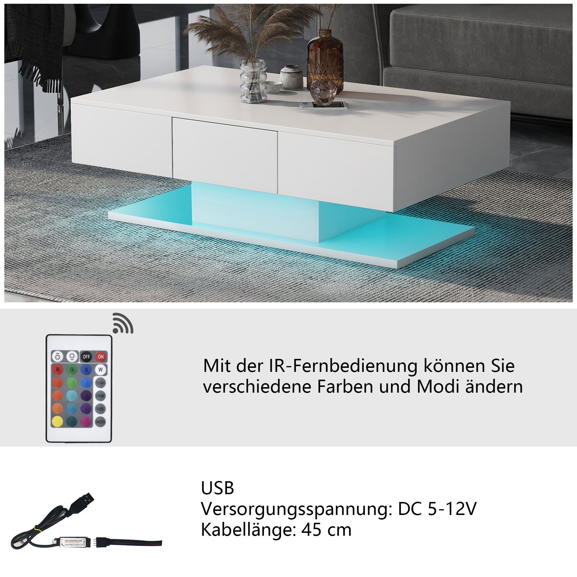 Merax Couchtisch Holz mit LED-Beleuchtung und 2 Schubladen, Beistelltisch m günstig online kaufen