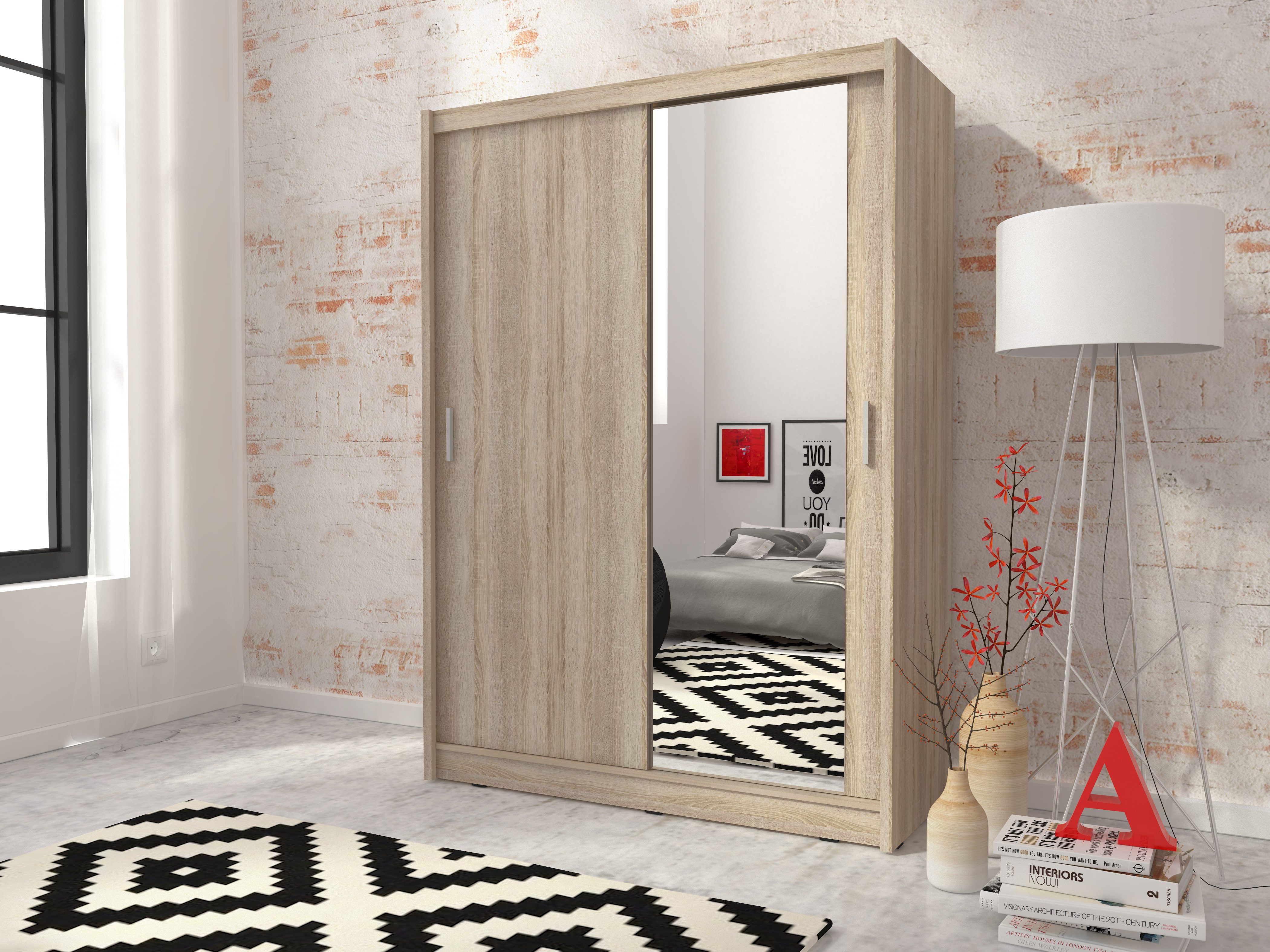 MOEBLO Kleiderschrank Borneo A1 (Wohnzimmerschrank 2-türig Schrank Gaderobe Schiebtüren, mit Spiegel Schwebetürenschrank mit Einlegeböden und Kleiderstange) (BxHxT): 130x200x60cm
