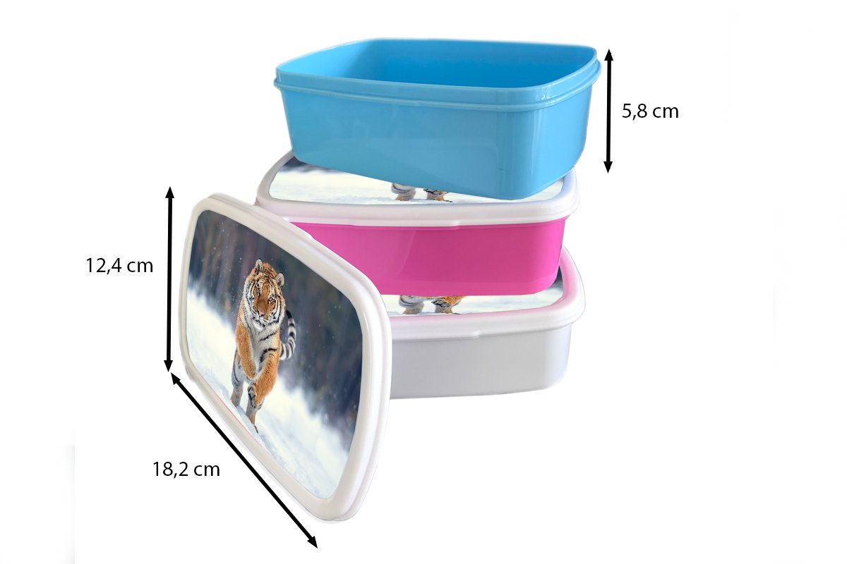 MuchoWow Lunchbox Tiger für und weiß und Brotbox (2-tlg), Tiere, - für Kinder Brotdose, Mädchen Schnee - Kunststoff, Jungs Landschaft - Erwachsene