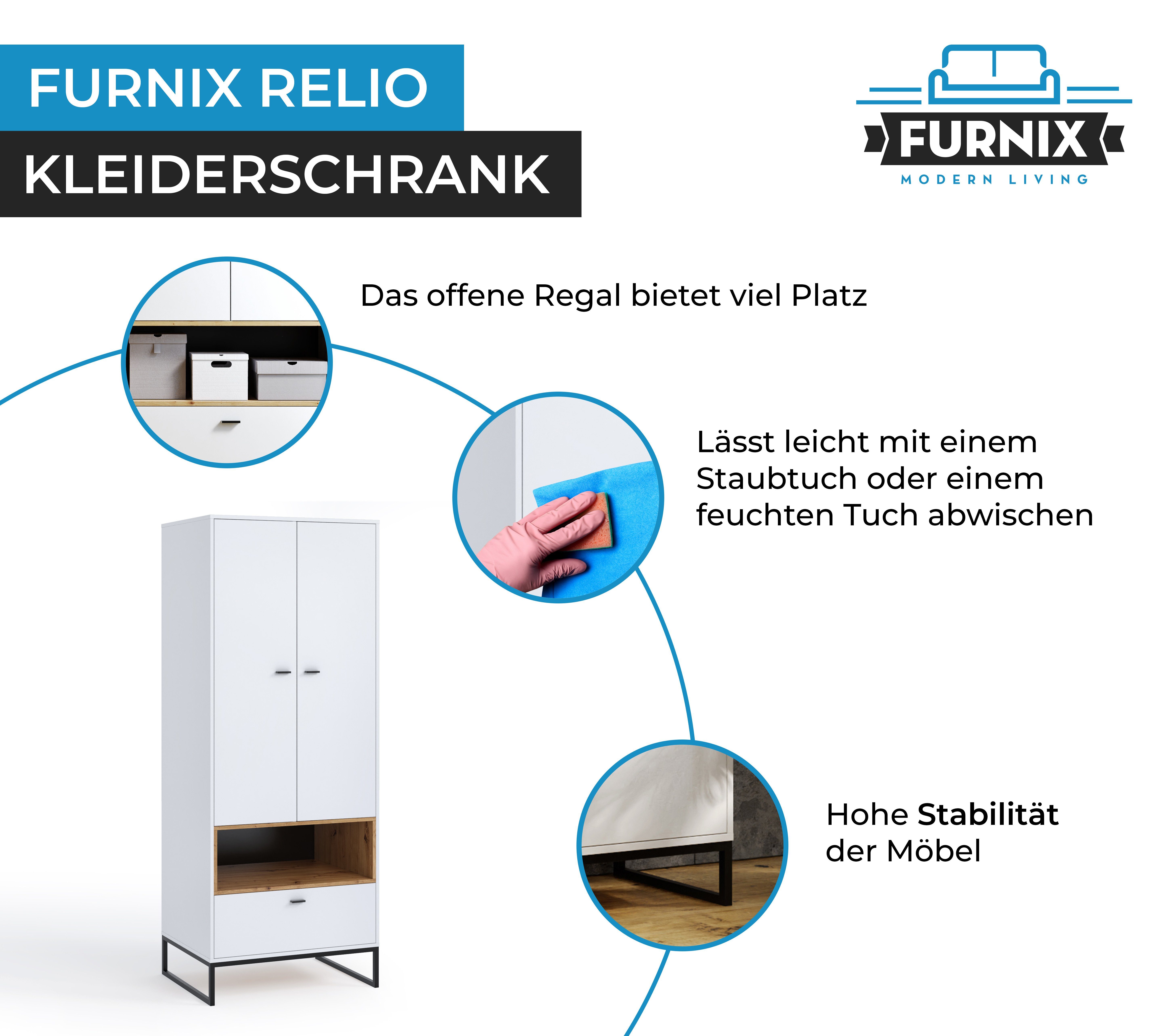 x Ablage cm T60 RELIO mit und Kleiderschrank Furnix Garderobenschrank Weiß/Artisan H292 B135 Schublade x offener