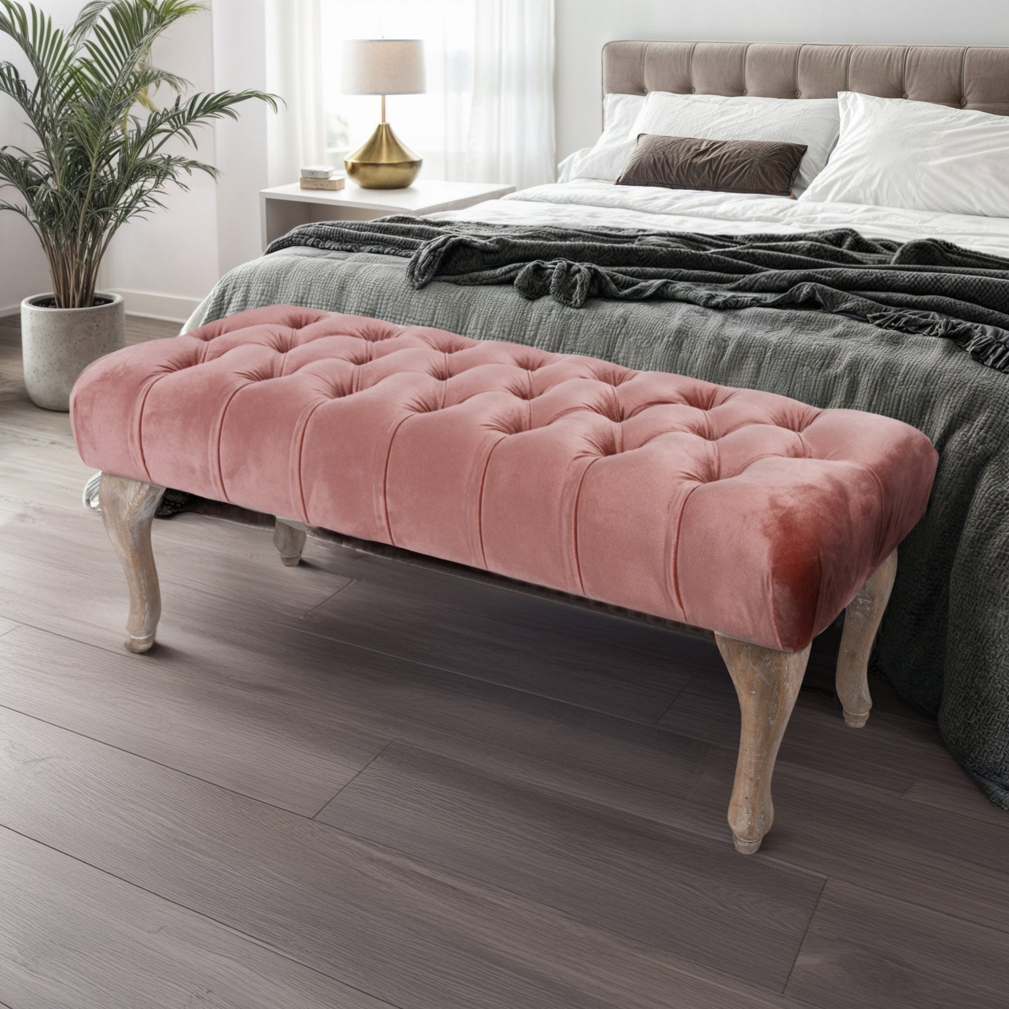 Wohnando Sitzbank Polsterbank "Ivy" Samt Bezug, Knopfhebung, Sitzhocker Schlafzimmer, 100x40x42 cm, Flur, Schminkbank, edles pink